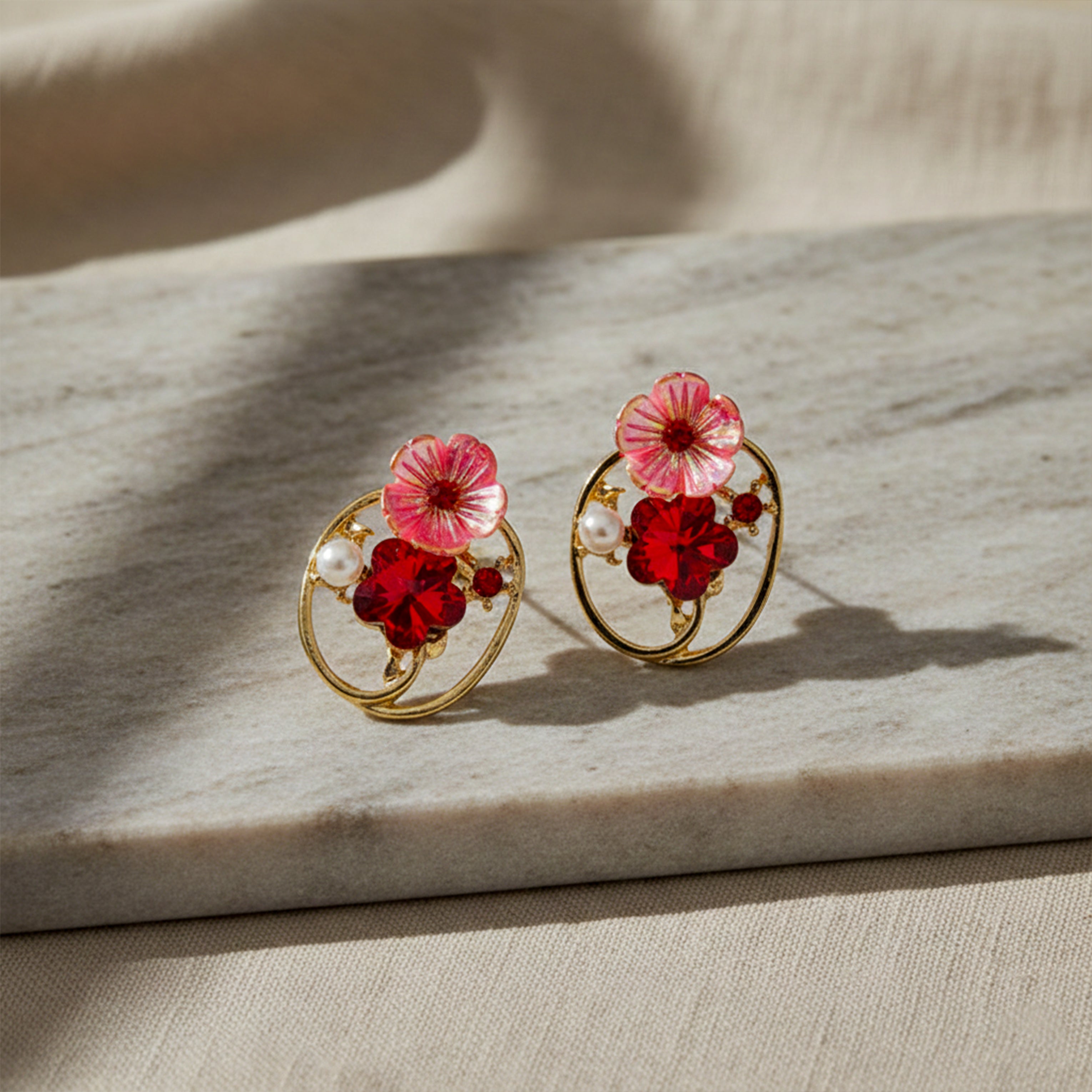 Gold Red Floral Crystal Stud Earrings for women - Finora Jewels