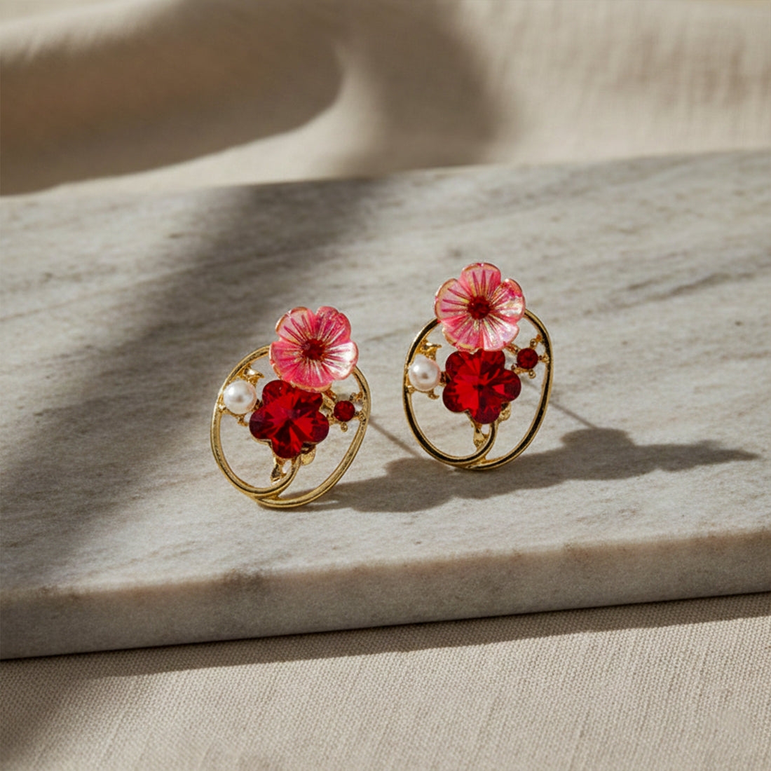 Gold Red Floral Crystal Stud Earrings for women - Finora Jewels