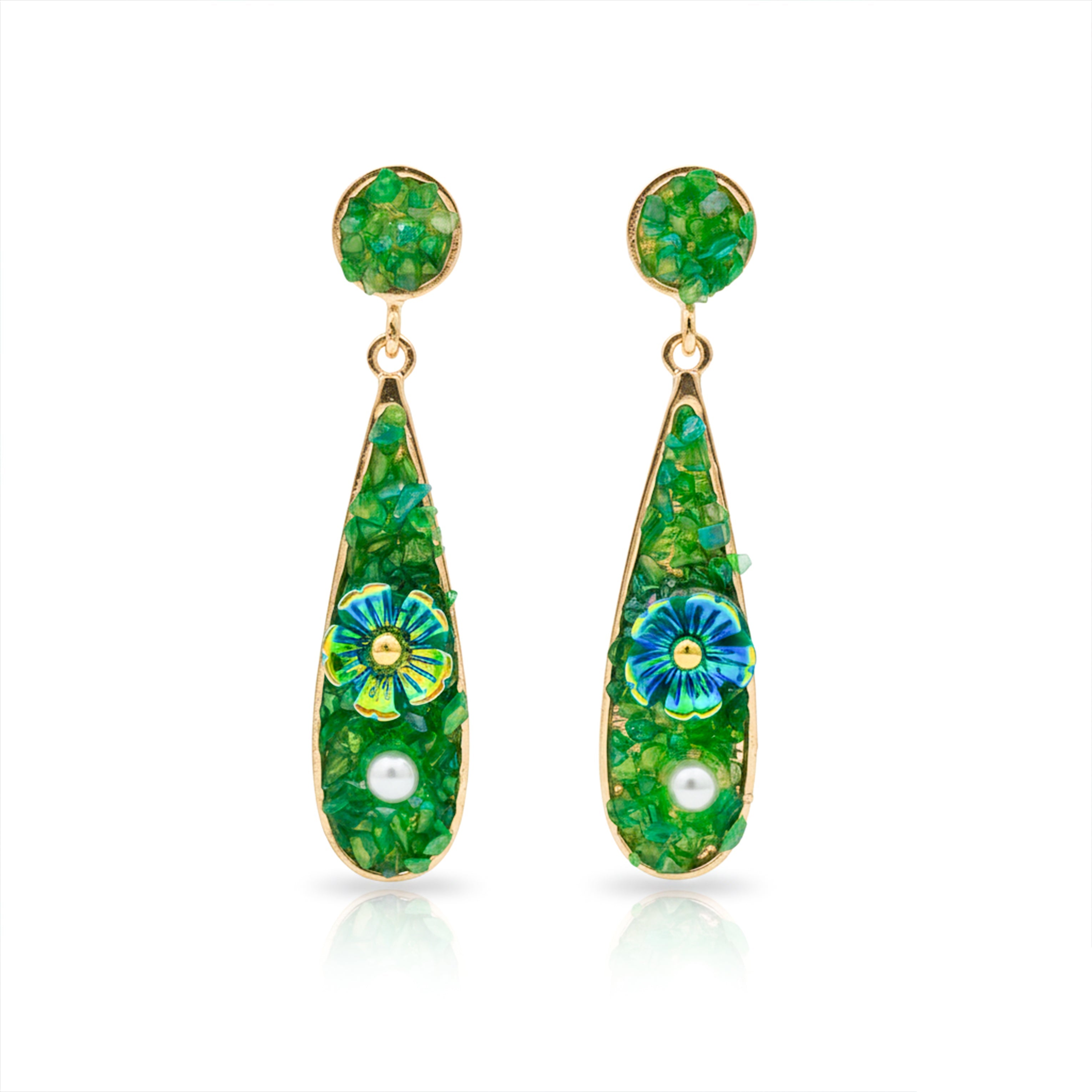 Women Drop Earrings Green Stone Floral Gold jewellery - Finora Jewels