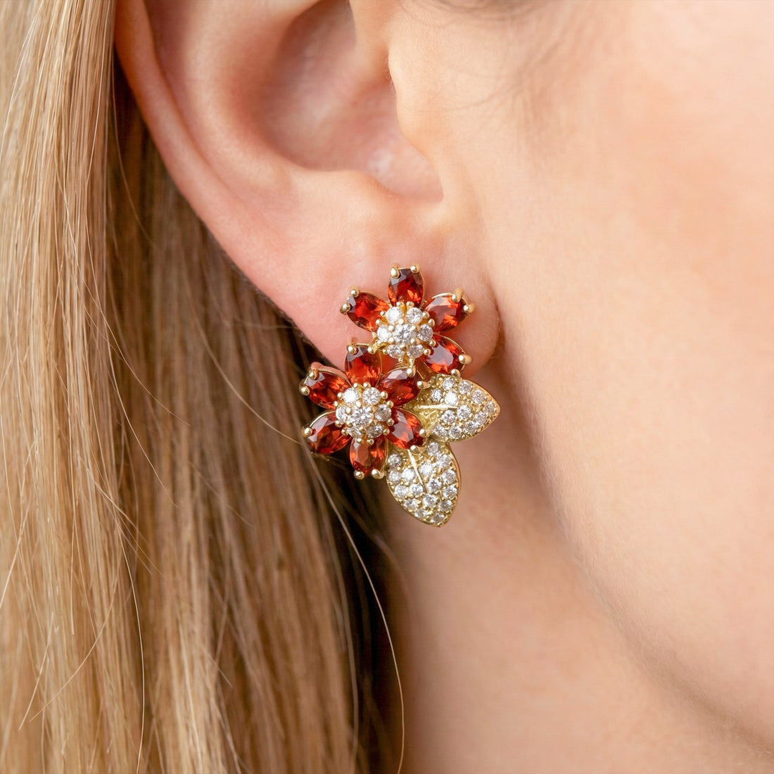 Gold Red Floral Crystal Stud Earrings for women - Finora Jewels