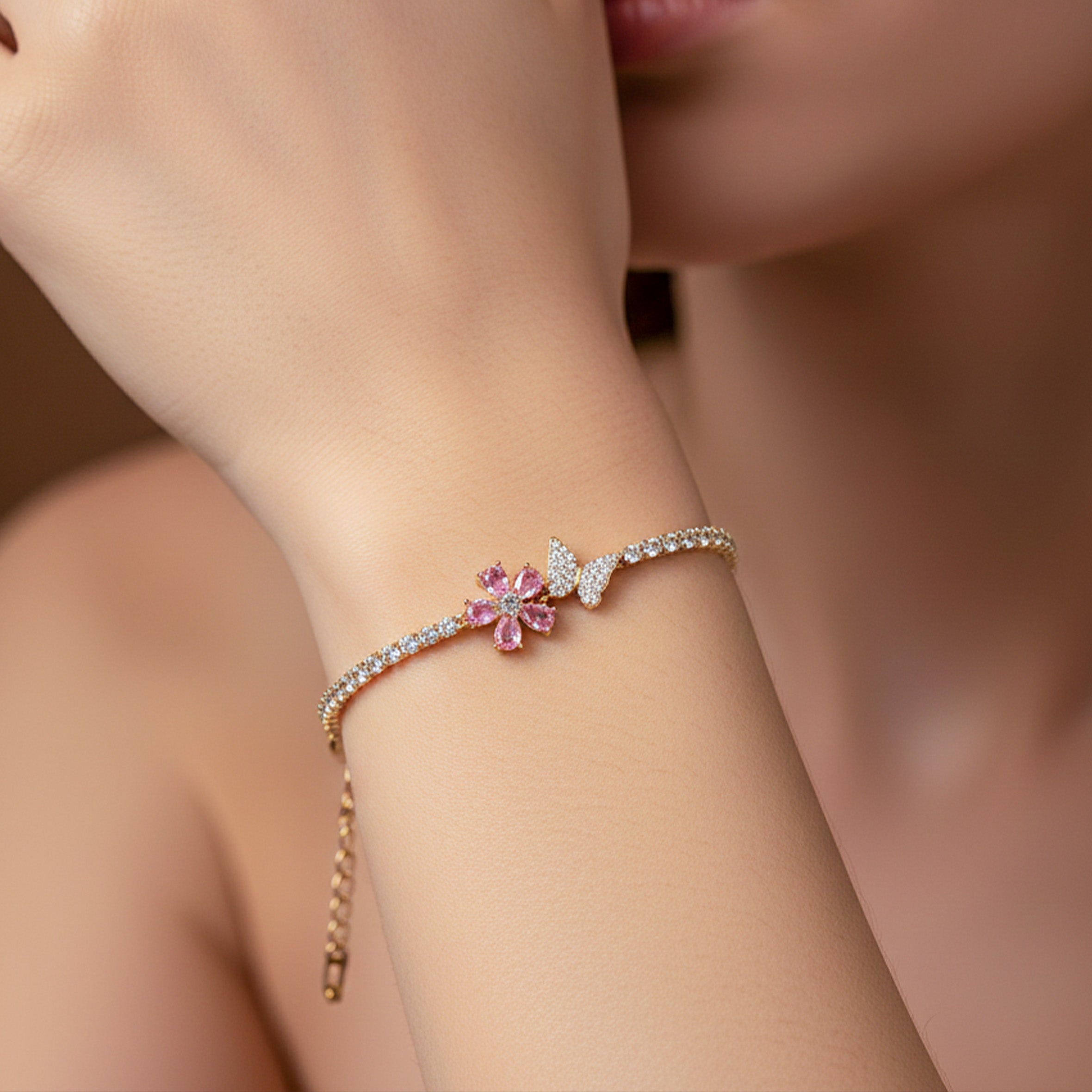 Gold Pink Blossom Butterfly Tennis Bracelet for women - Finora Jewels