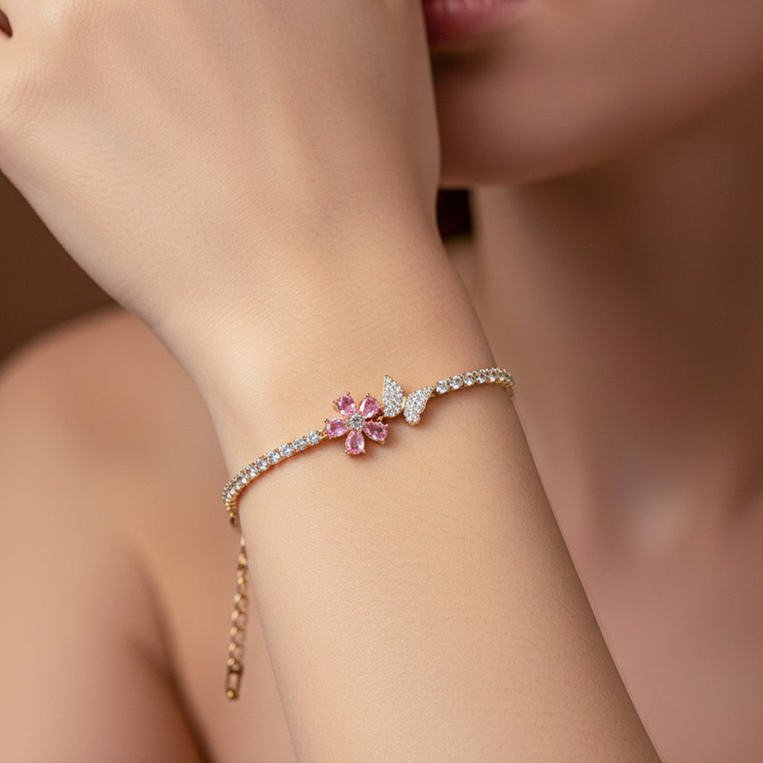 Gold Pink Blossom Butterfly Tennis Bracelet for women - Finora Jewels