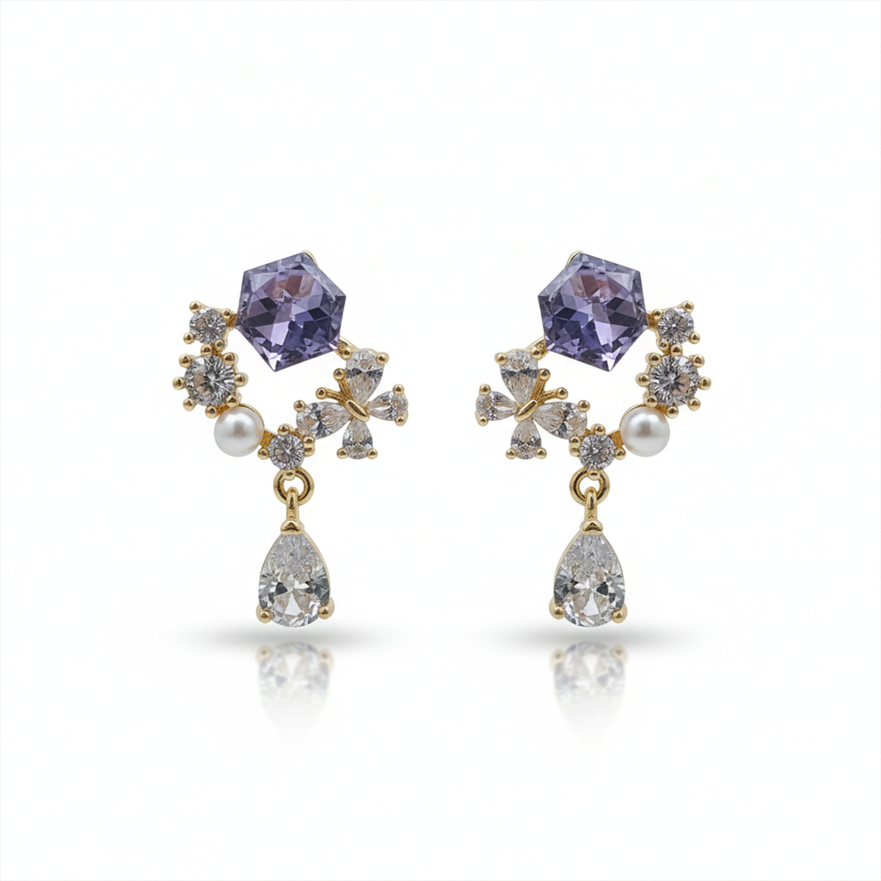Assorted-Stone Bloom Gold Dangle Ear Studs GWE -168