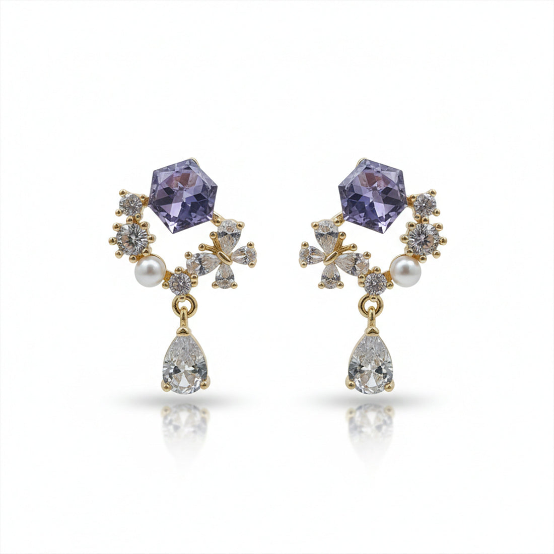 Assorted-Stone Bloom Gold Dangle Ear Studs GWE -168
