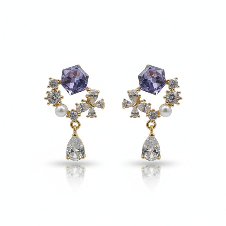 Assorted-Stone Bloom Gold Dangle Ear Studs GWE -168