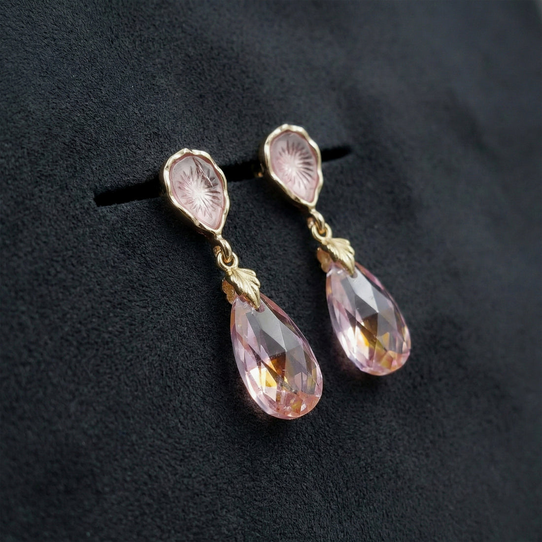 Gold Pink Crystal Drop Stud Earrings for women - Finora Jewels