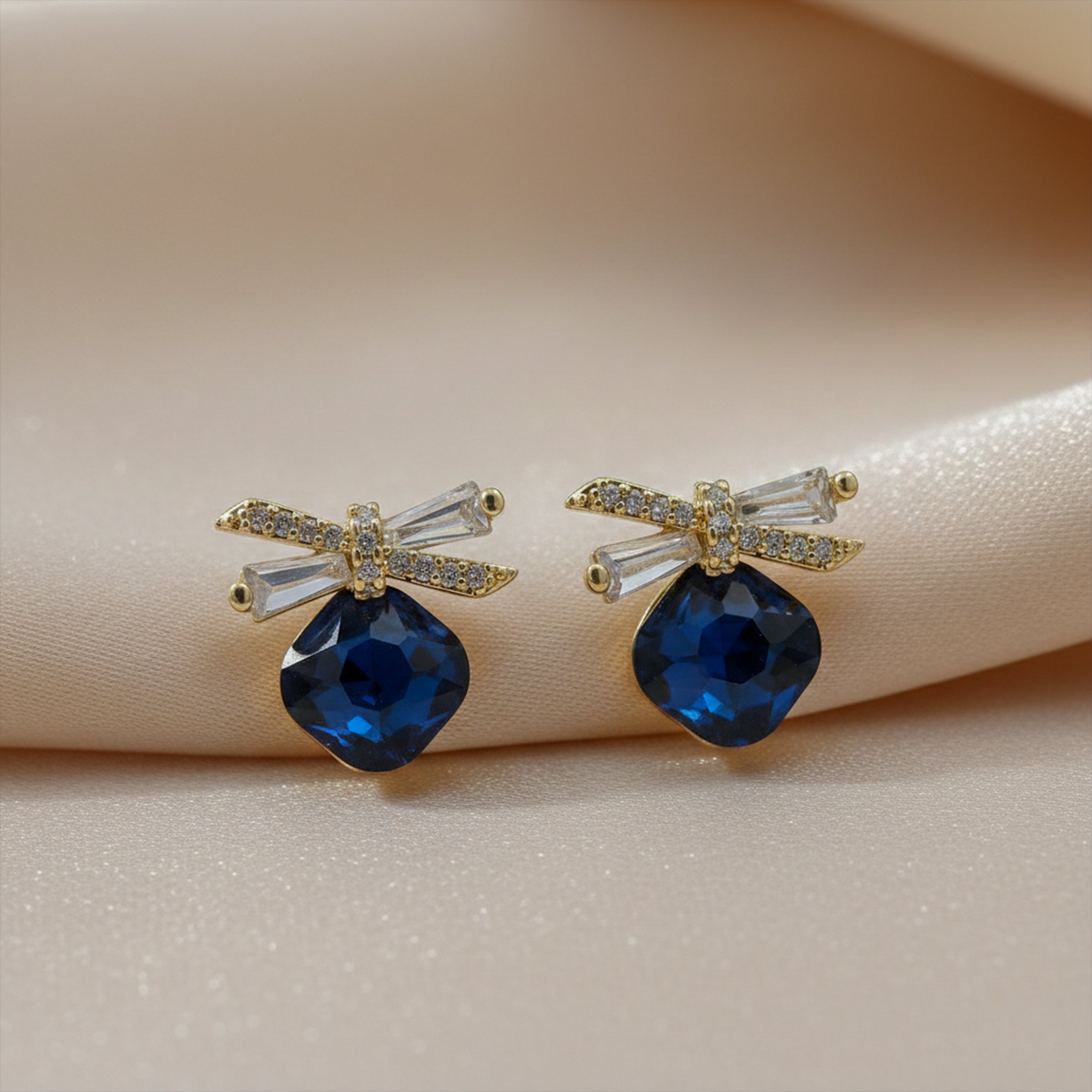 Gold Royal Blue Crystal Bow Stud Stud Earrings for women - Finora Jewels