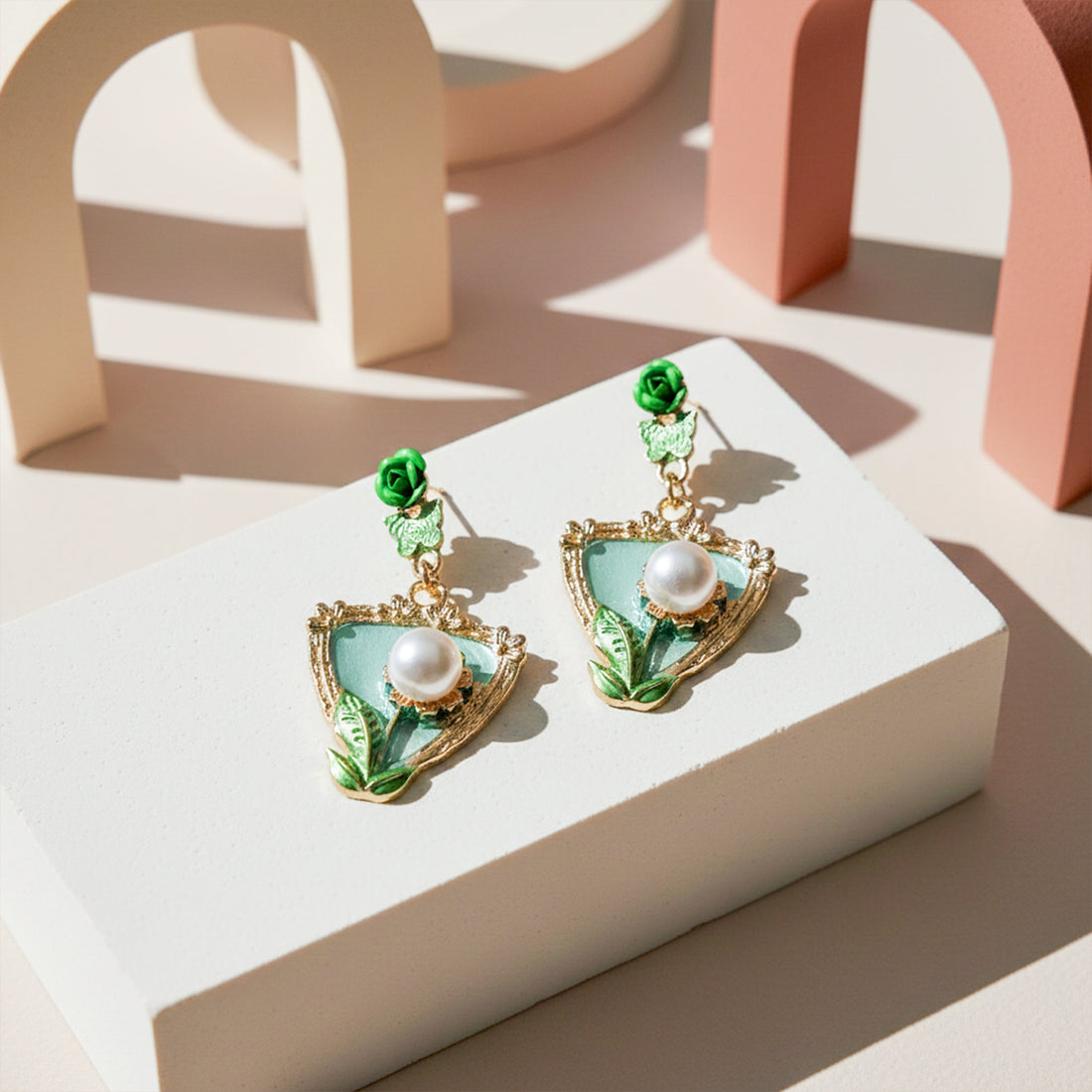 Verde Rosette Moti Dangle Ear Studs GWE -220