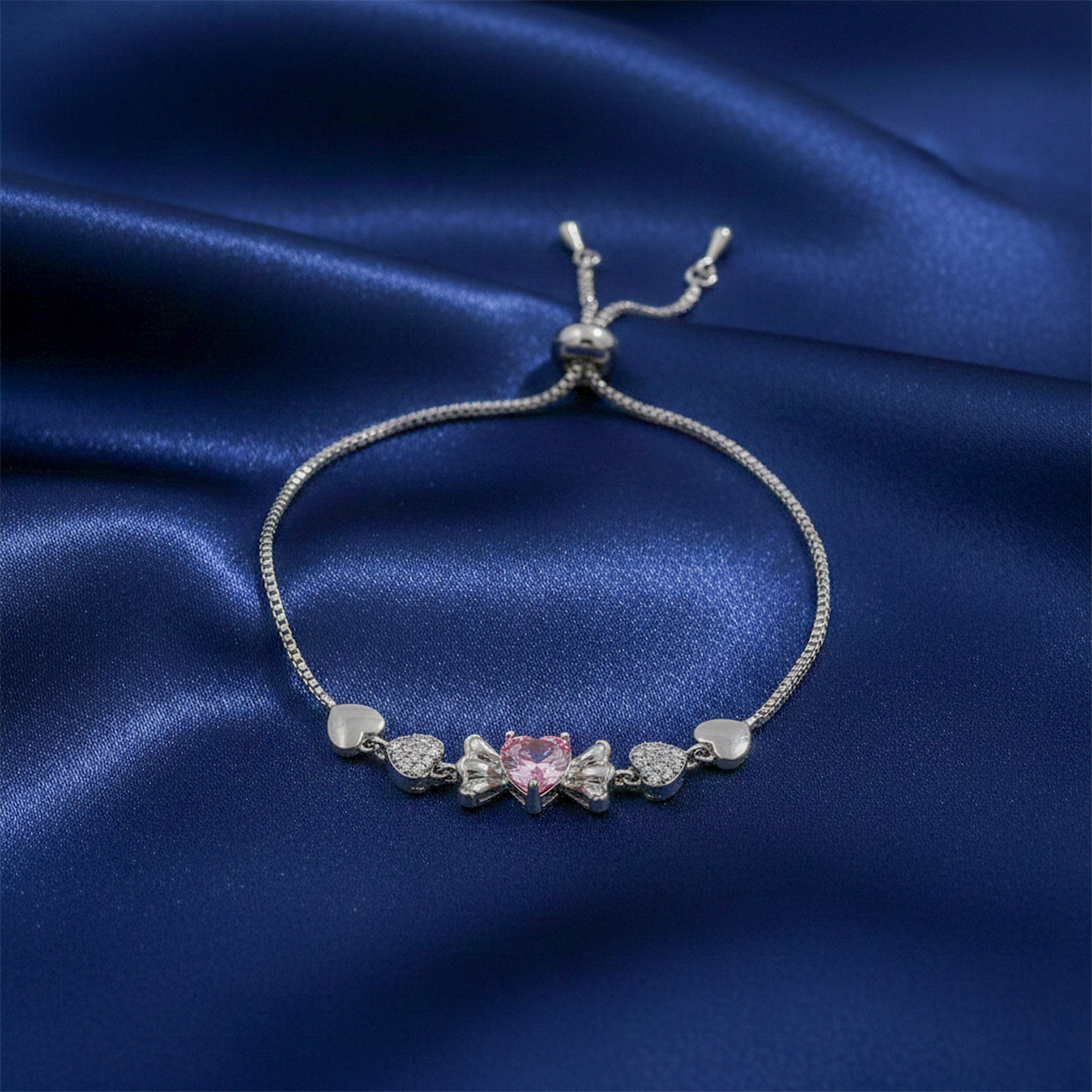 Silver Pink Heart Bow Bracelet for women - Finora Jewels