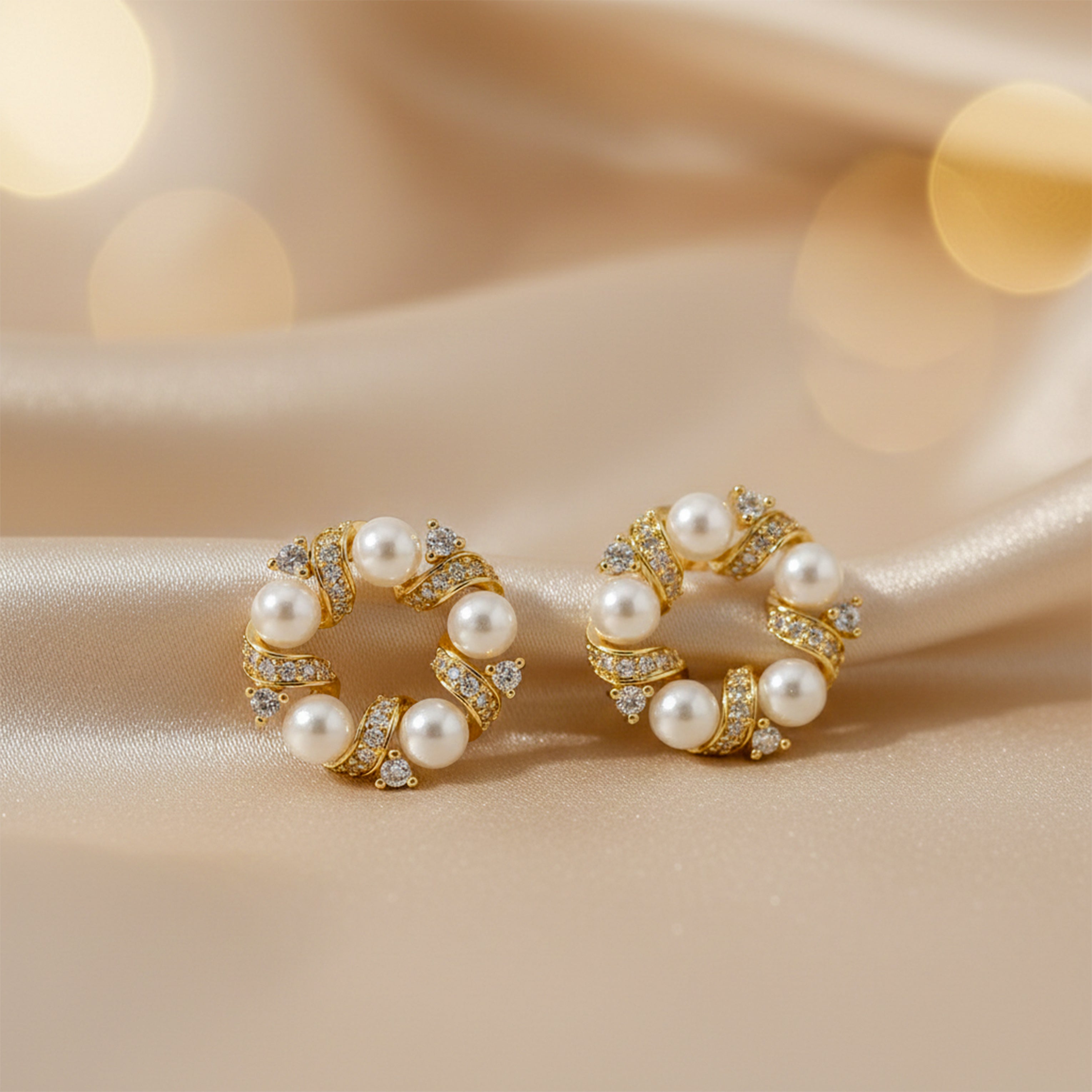 Women Stud Earrings Pearl & Crystal Circle Stud Gold jewellery - Finora Jewels