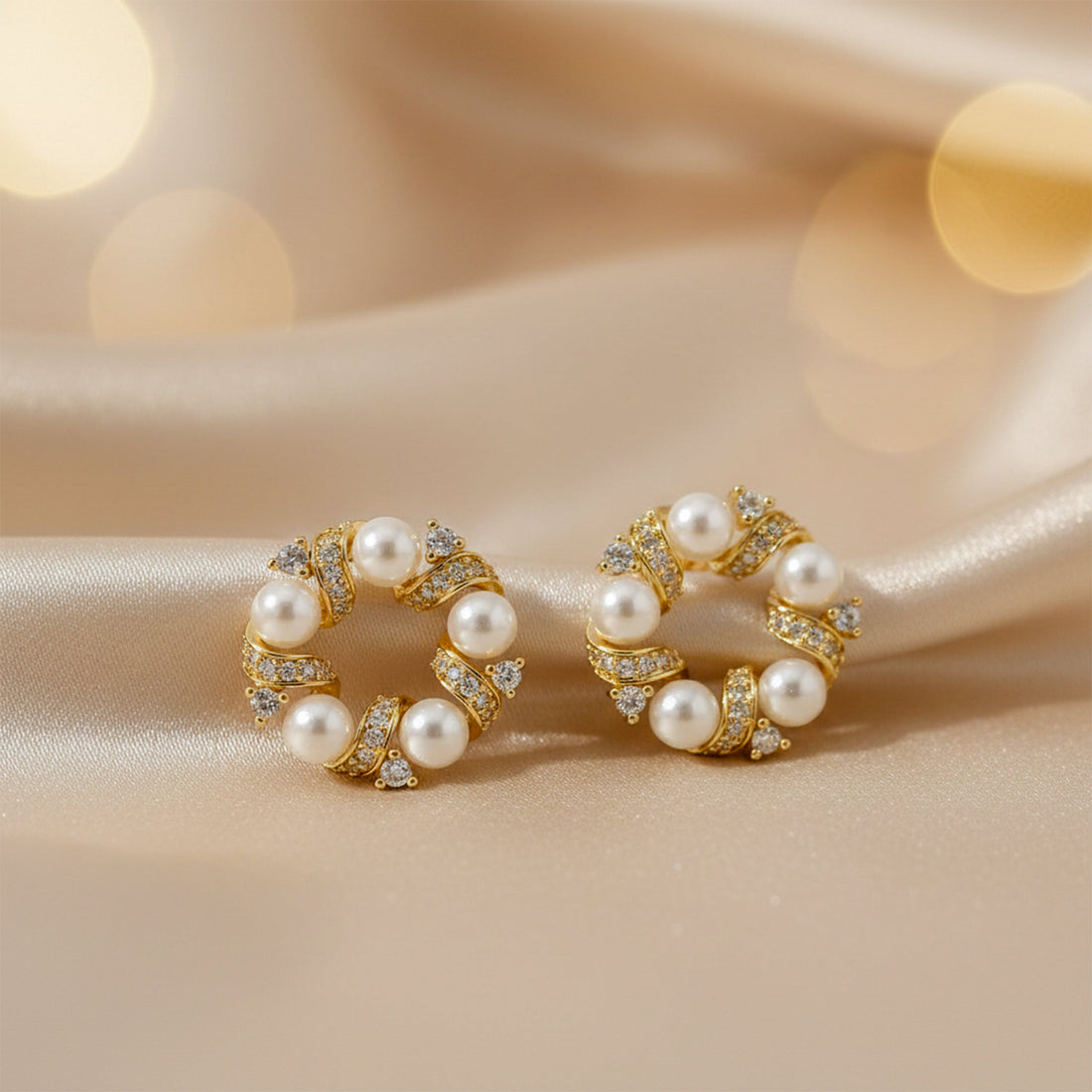 Women Stud Earrings Pearl & Crystal Circle Stud Gold jewellery - Finora Jewels