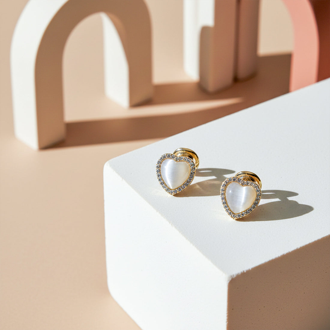 Gold Pearl Heart Halo Earrings for women - Finora Jewels