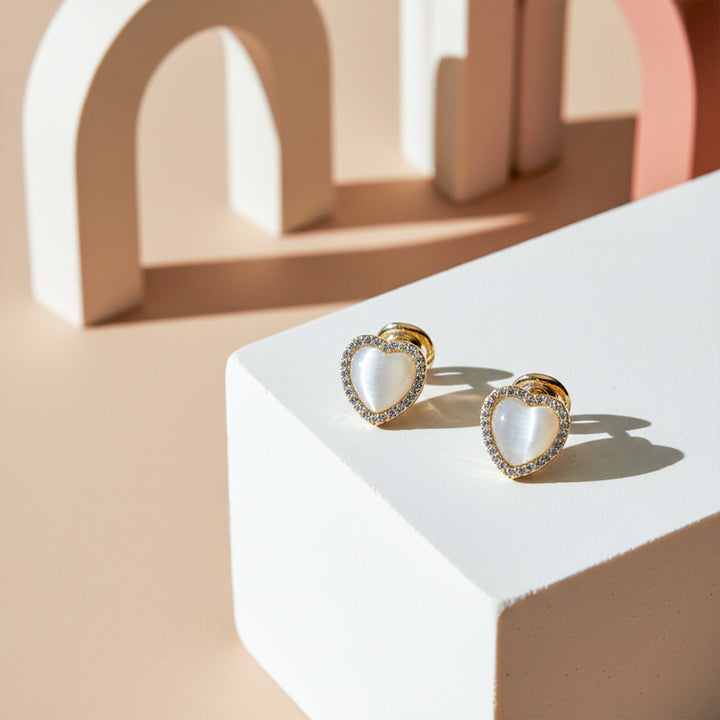 Gold Finished Pearl Heart Halo Earrings