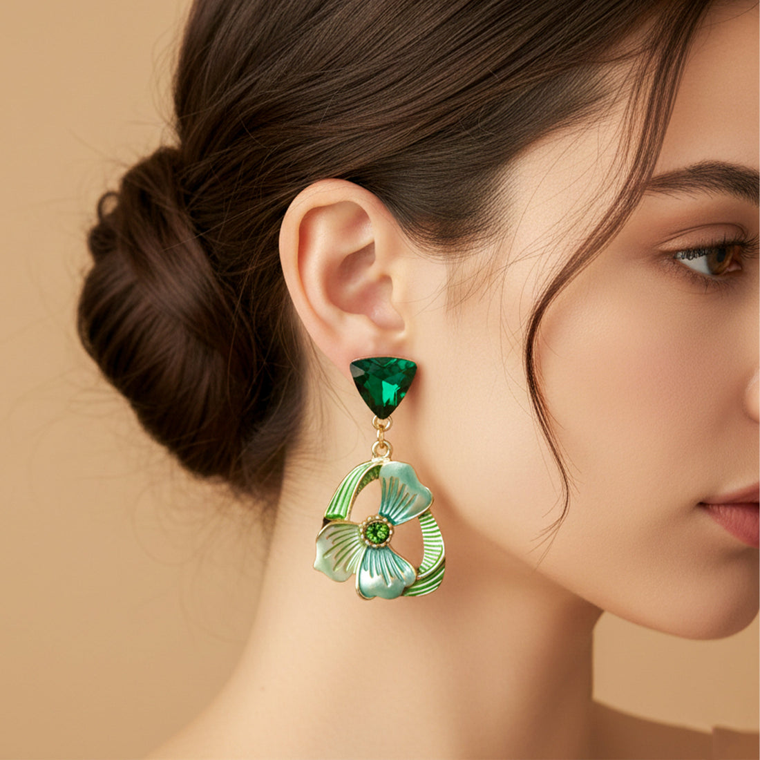 Emerald Floral Drop Stud Earrings for women in Gold - Finora Jewels