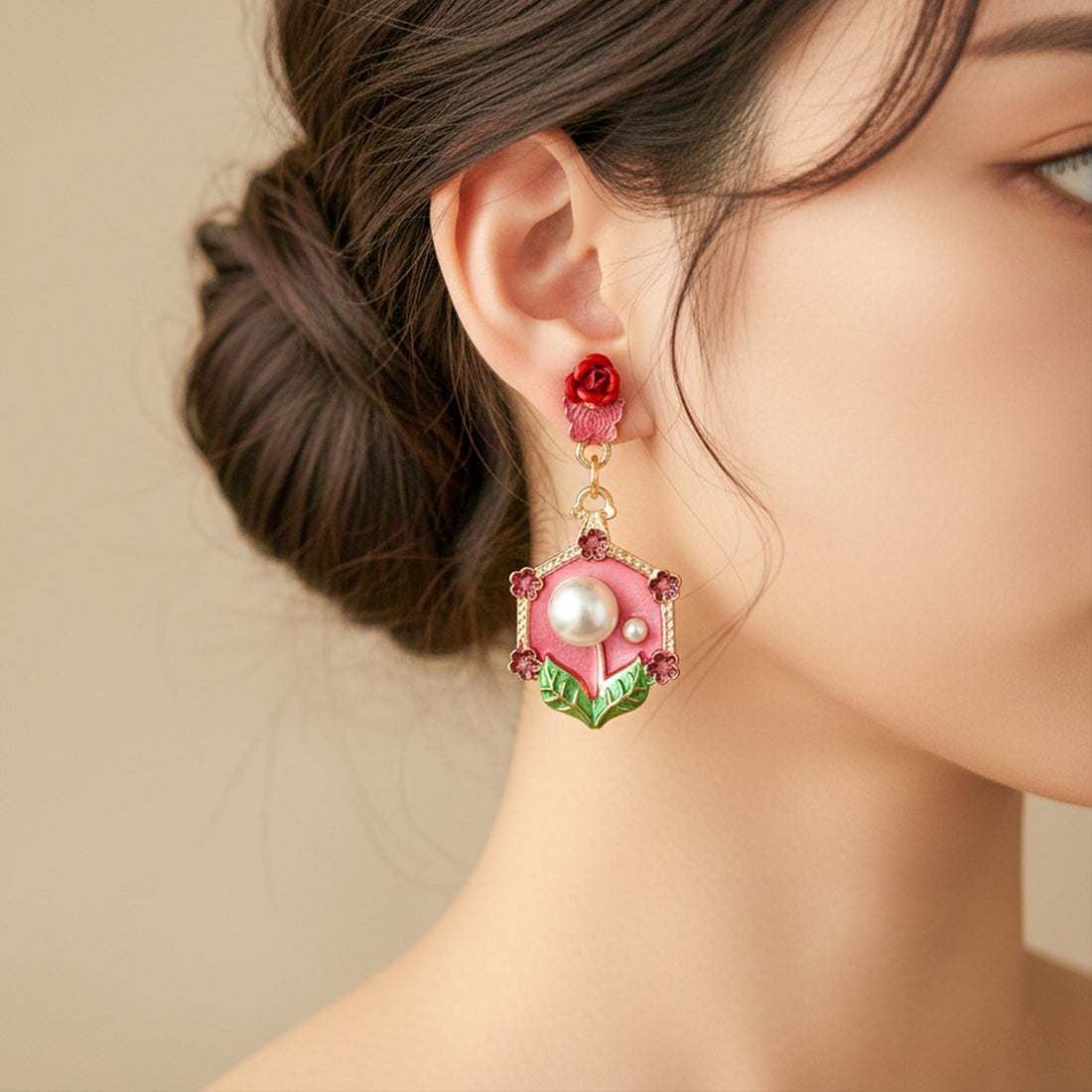 Women Stud Earrings Red Floral Pearl Gold jewellery - Finora Jewels
