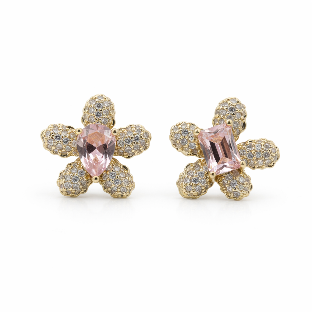Floral Pink Crystal Stud Stud Earrings for women in Gold - Finora Jewels