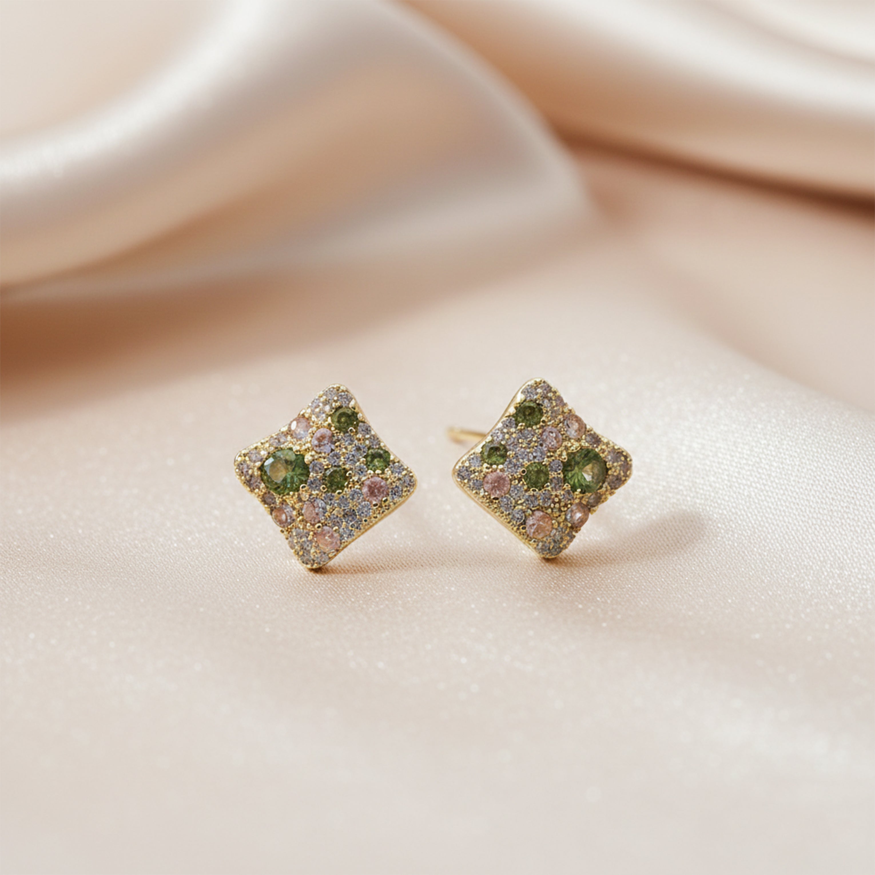 Multicolor Cubic Zirconia Square-Cut-Cut Post Ear Studs GWE -139