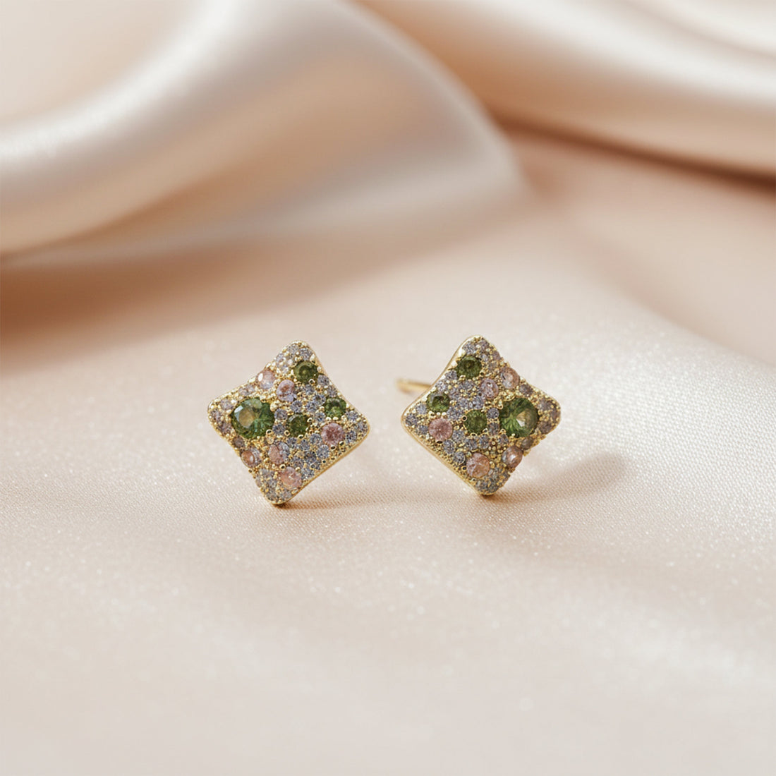 Multicolor Cubic Zirconia Square-Cut-Cut Post Ear Studs GWE -139