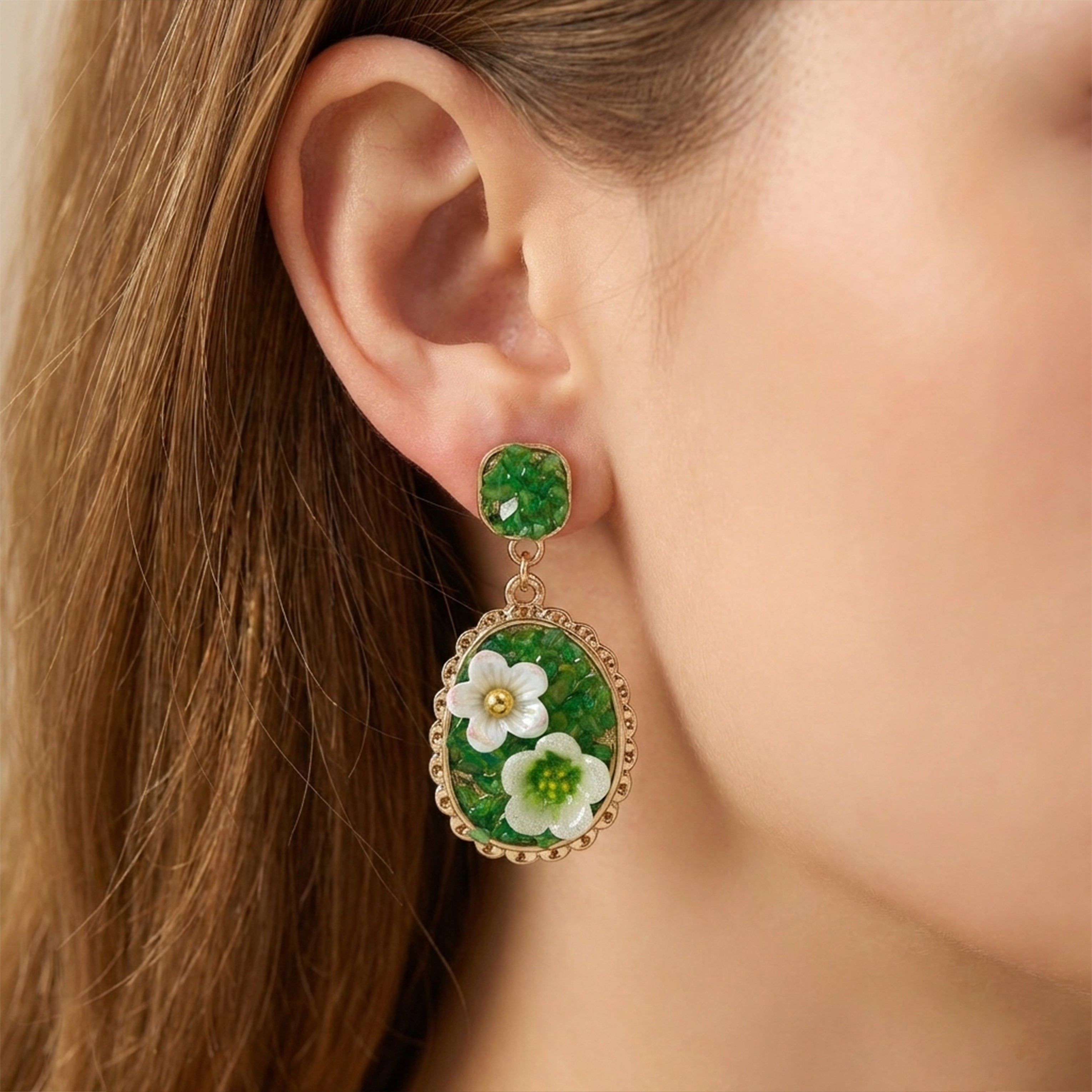 Jade Bloom Elliptical Dangle Ear Studs GWE -205