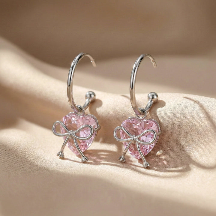 Silver Plated Pink Heart Bow Hoop Earrings