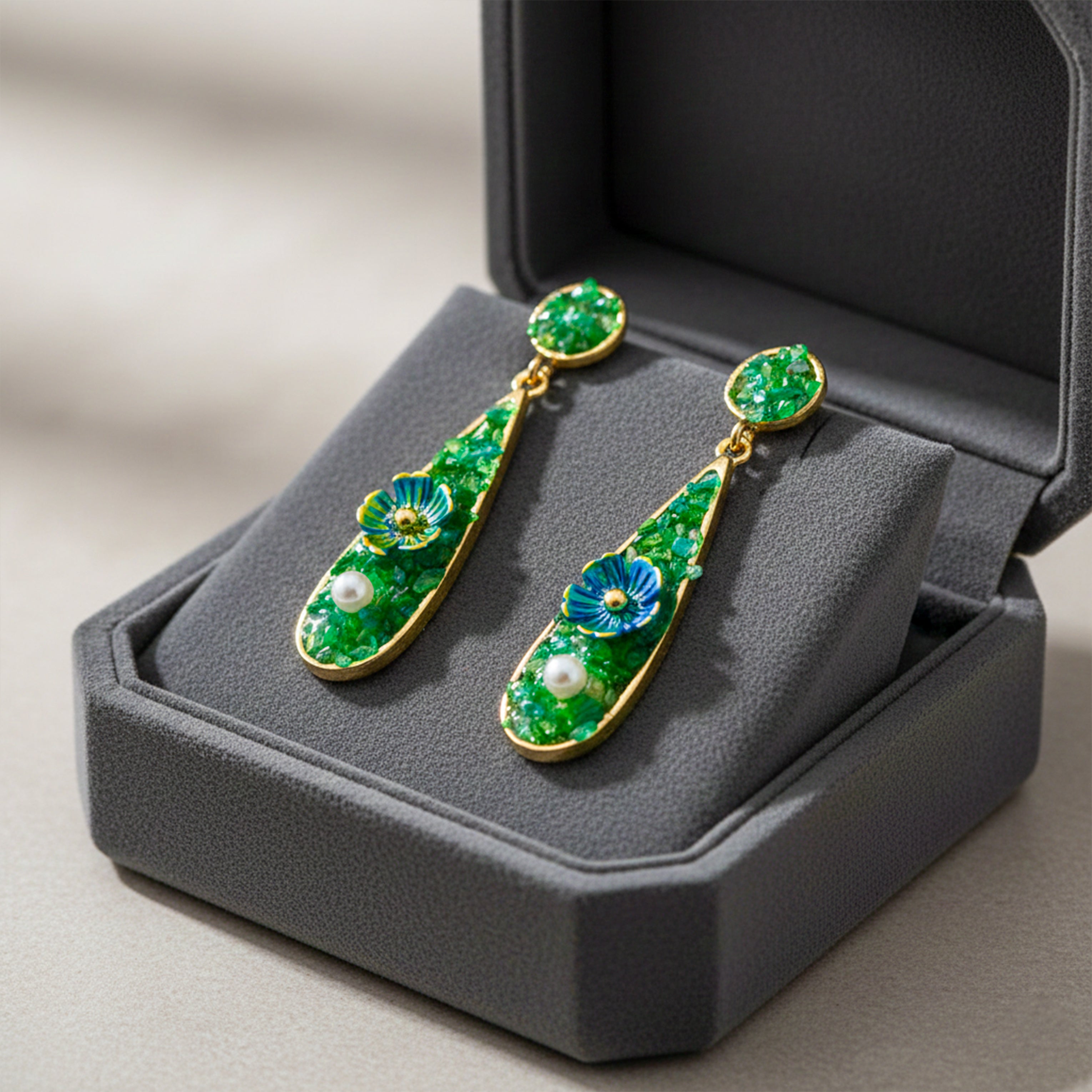 Women Drop Earrings Green Stone Floral Gold jewellery - Finora Jewels