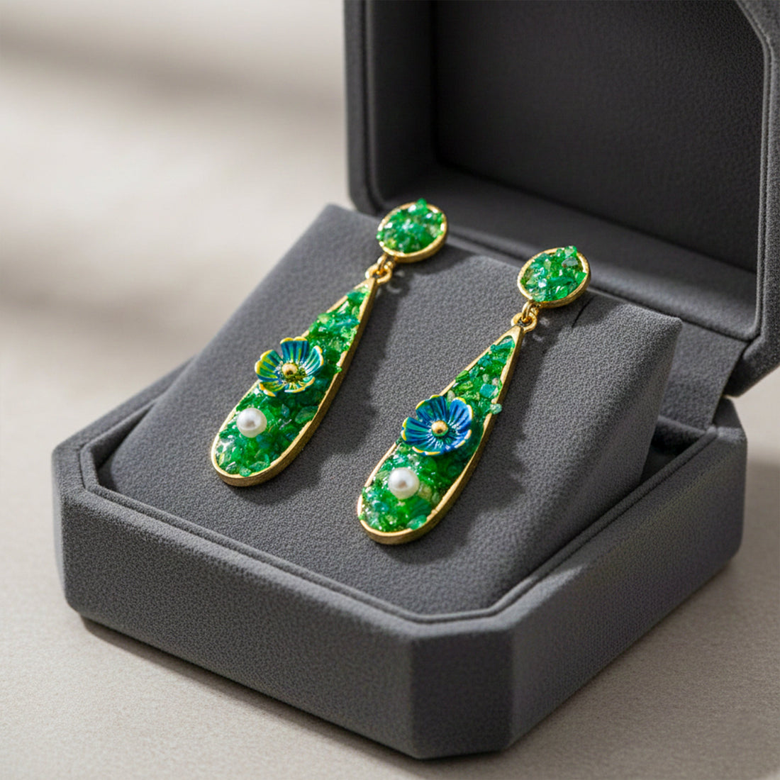 Women Drop Earrings Green Stone Floral Gold jewellery - Finora Jewels
