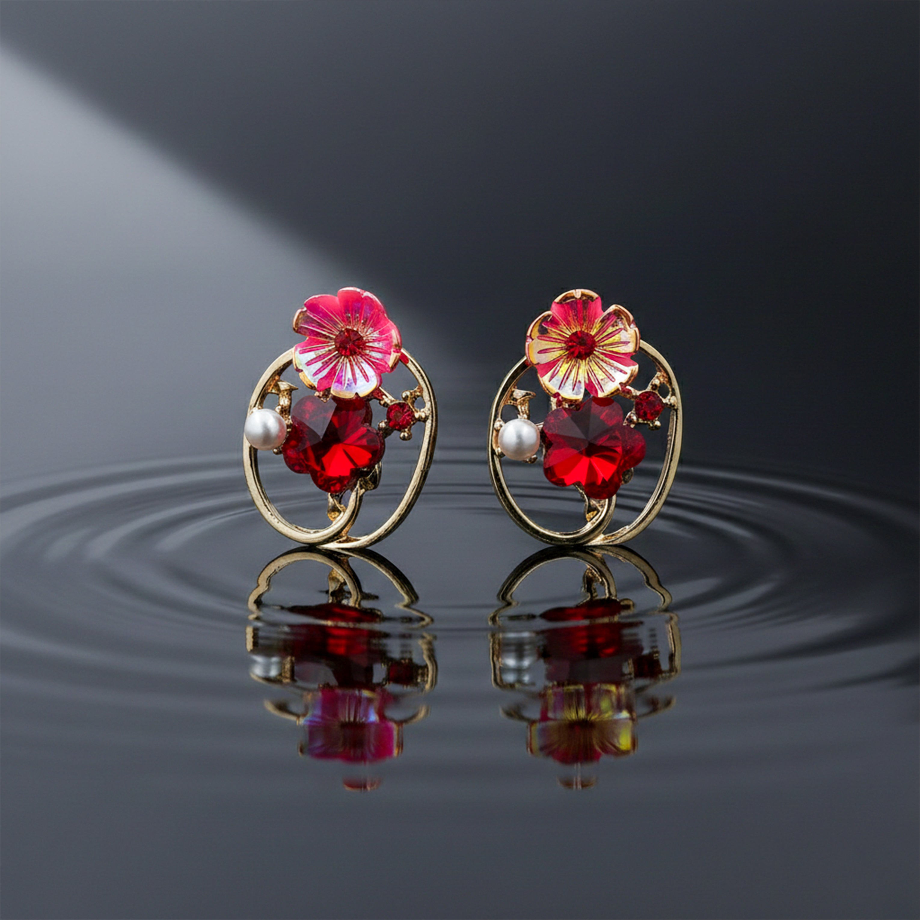 Gold Red Floral Crystal Stud Earrings for women - Finora Jewels