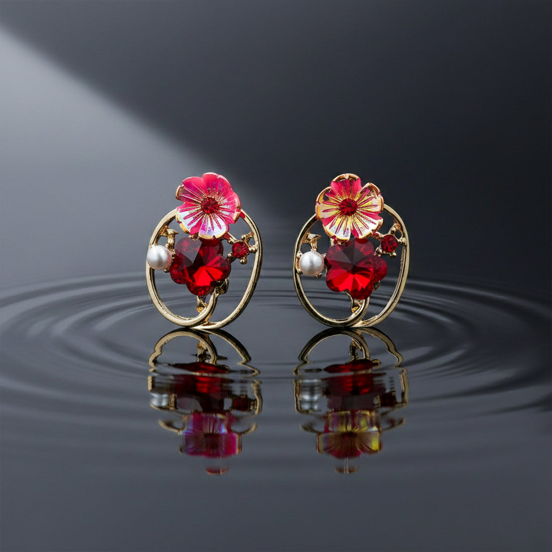 Gold Red Floral Crystal Stud Earrings for women - Finora Jewels