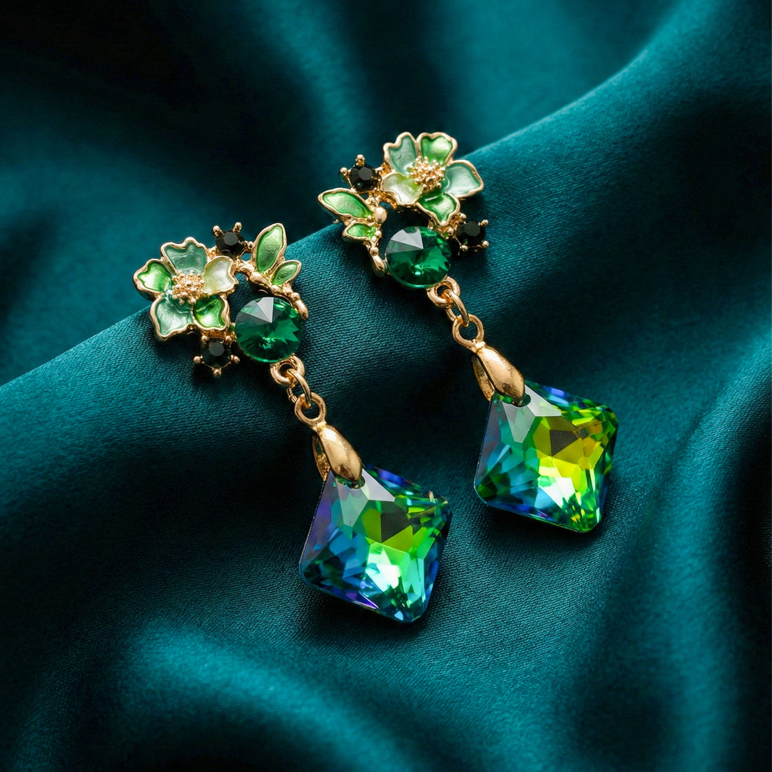Women Stud Earrings Green Floral Gold jewellery - Finora Jewels