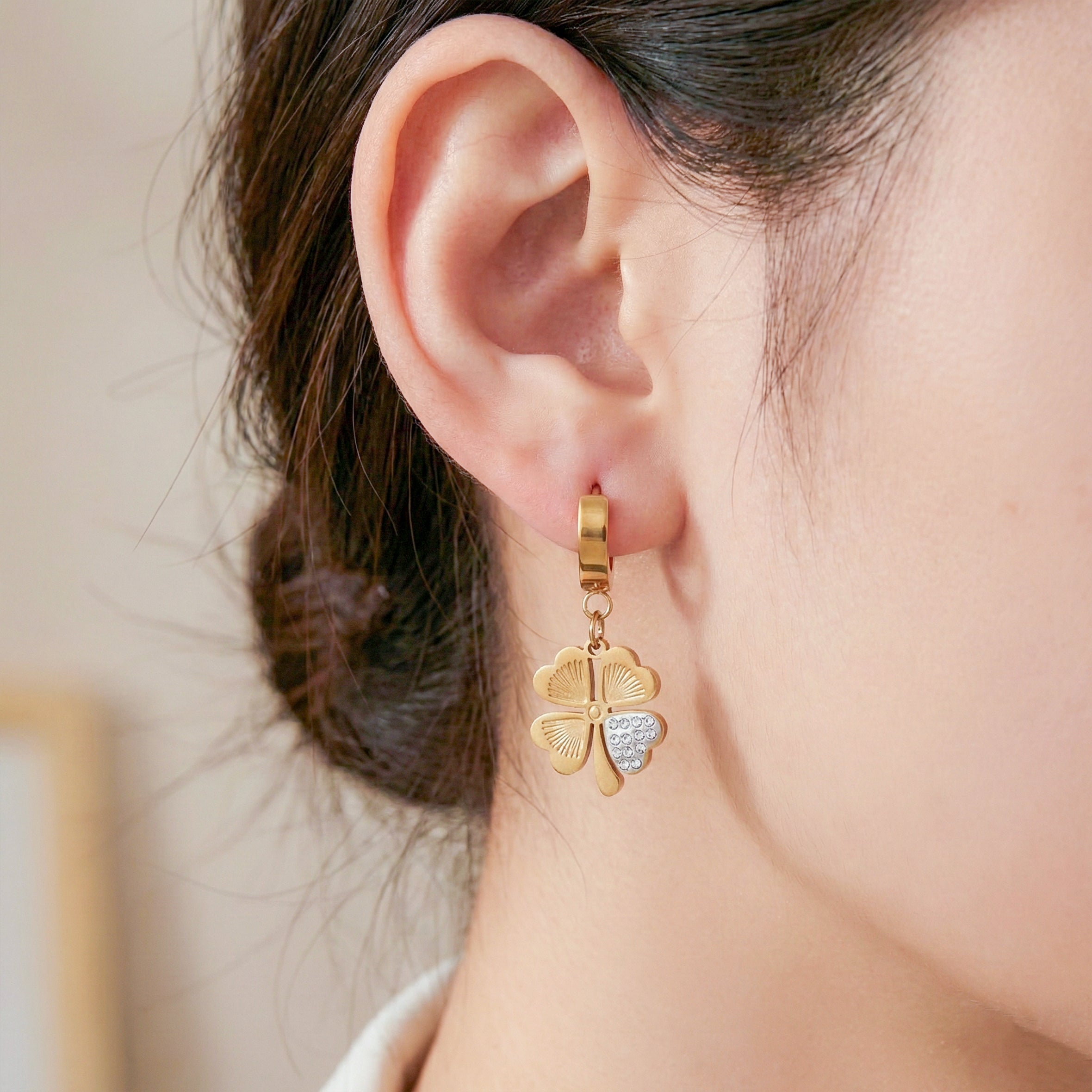 Gold Clover Drop Hoop Earrings for women - Finora Jewels