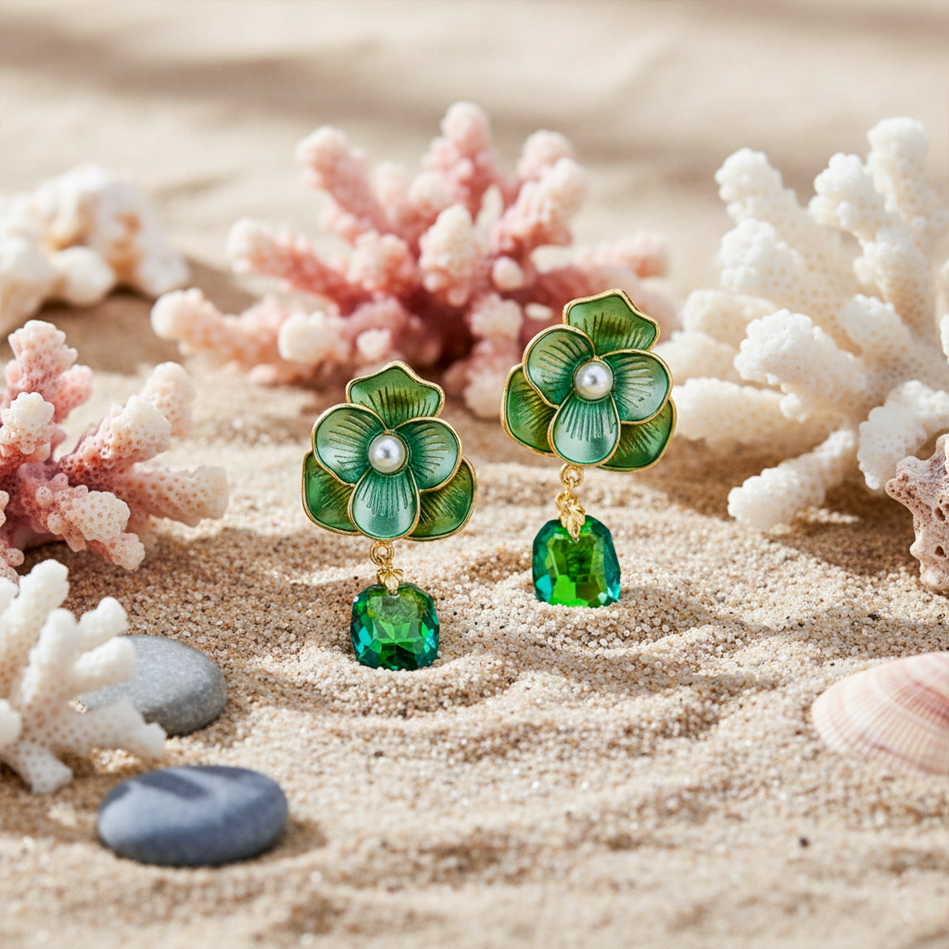 Women Drop Earrings Green Floral GWE -231 No Reviews Gold jewellery - Finora Jewels