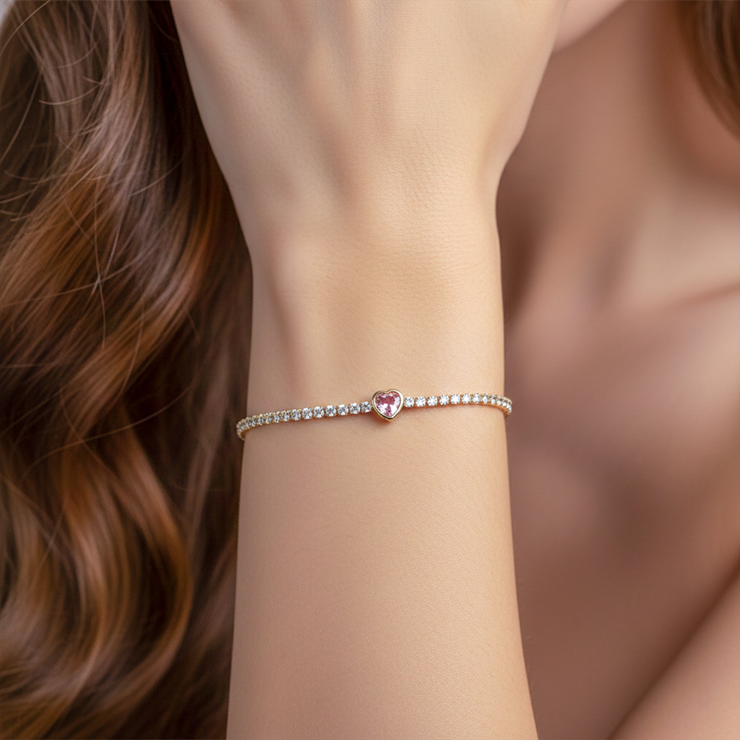 Women Bracelet Pink Heart Tennis Gold jewellery - Finora Jewels