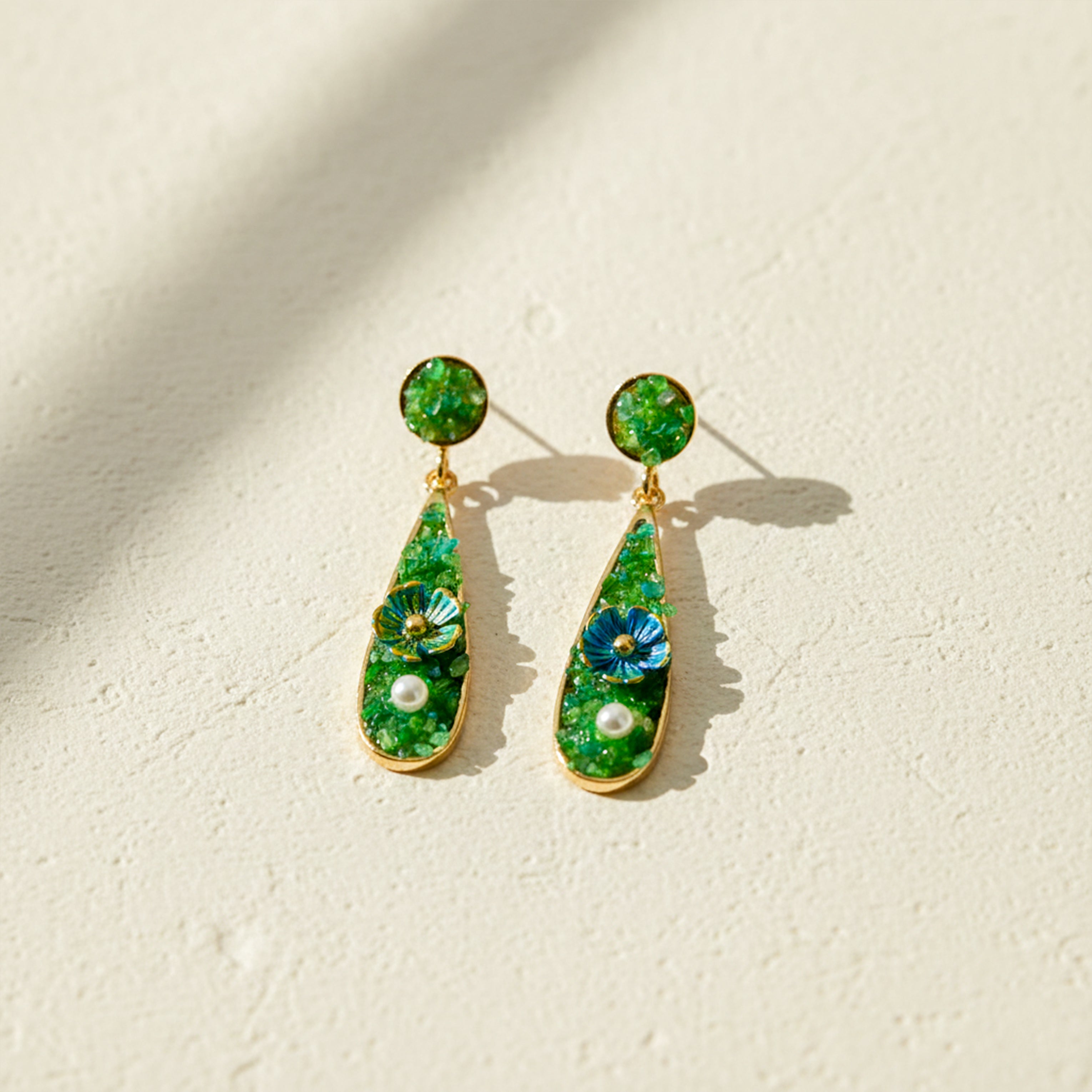 Women Drop Earrings Green Stone Floral Gold jewellery - Finora Jewels