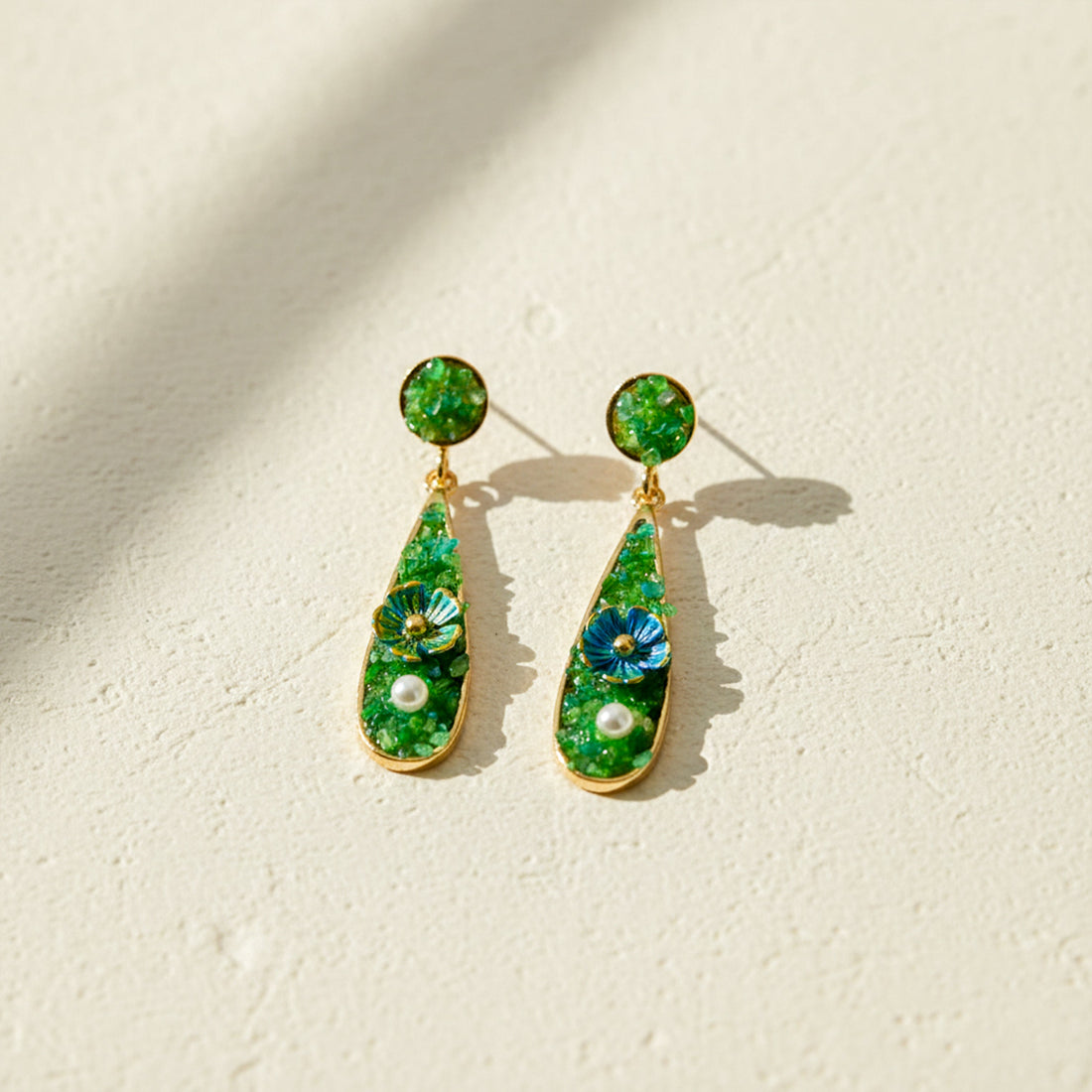 Women Drop Earrings Green Stone Floral Gold jewellery - Finora Jewels