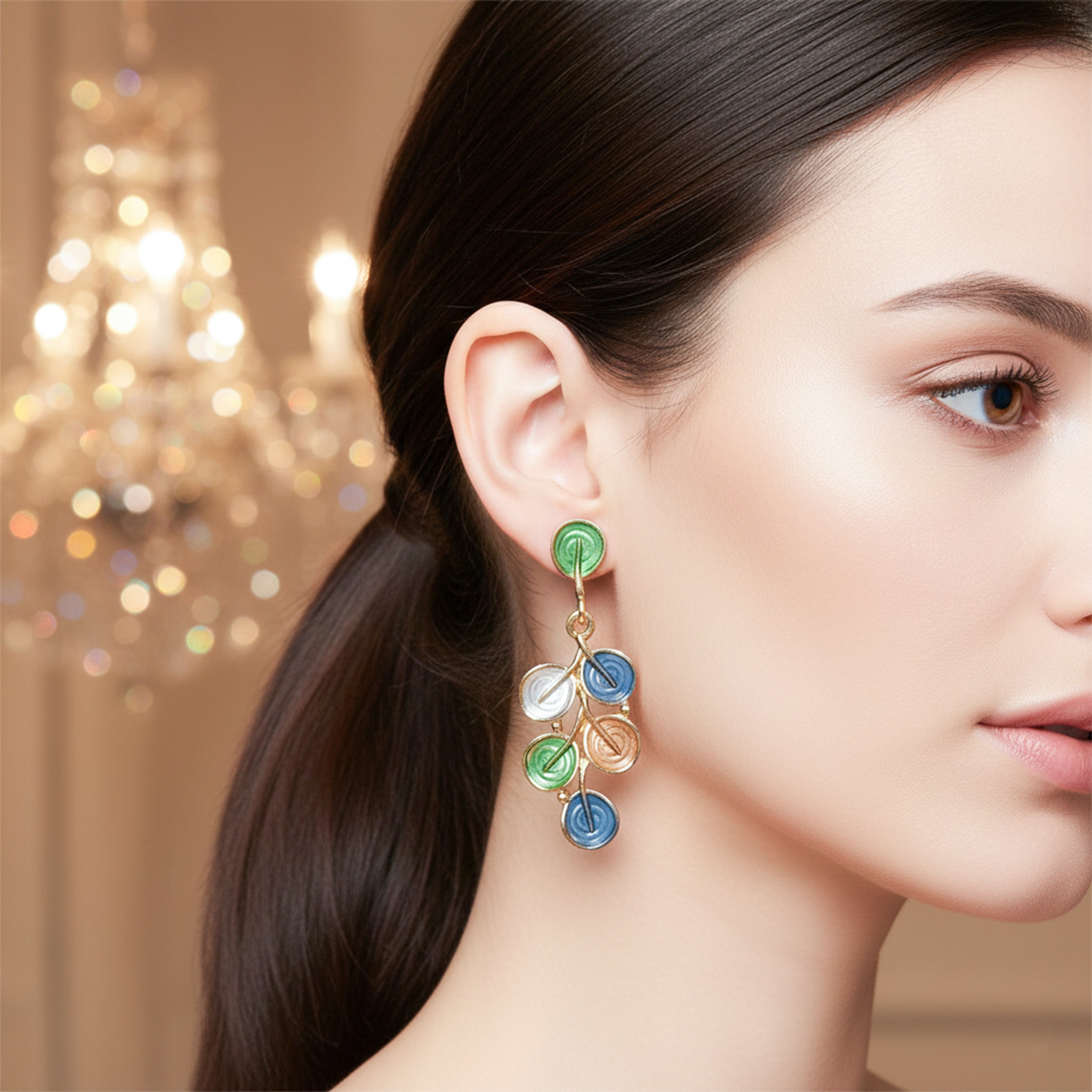 Multicolor Enamel Foliage Dangle Ear Studs GWE -206