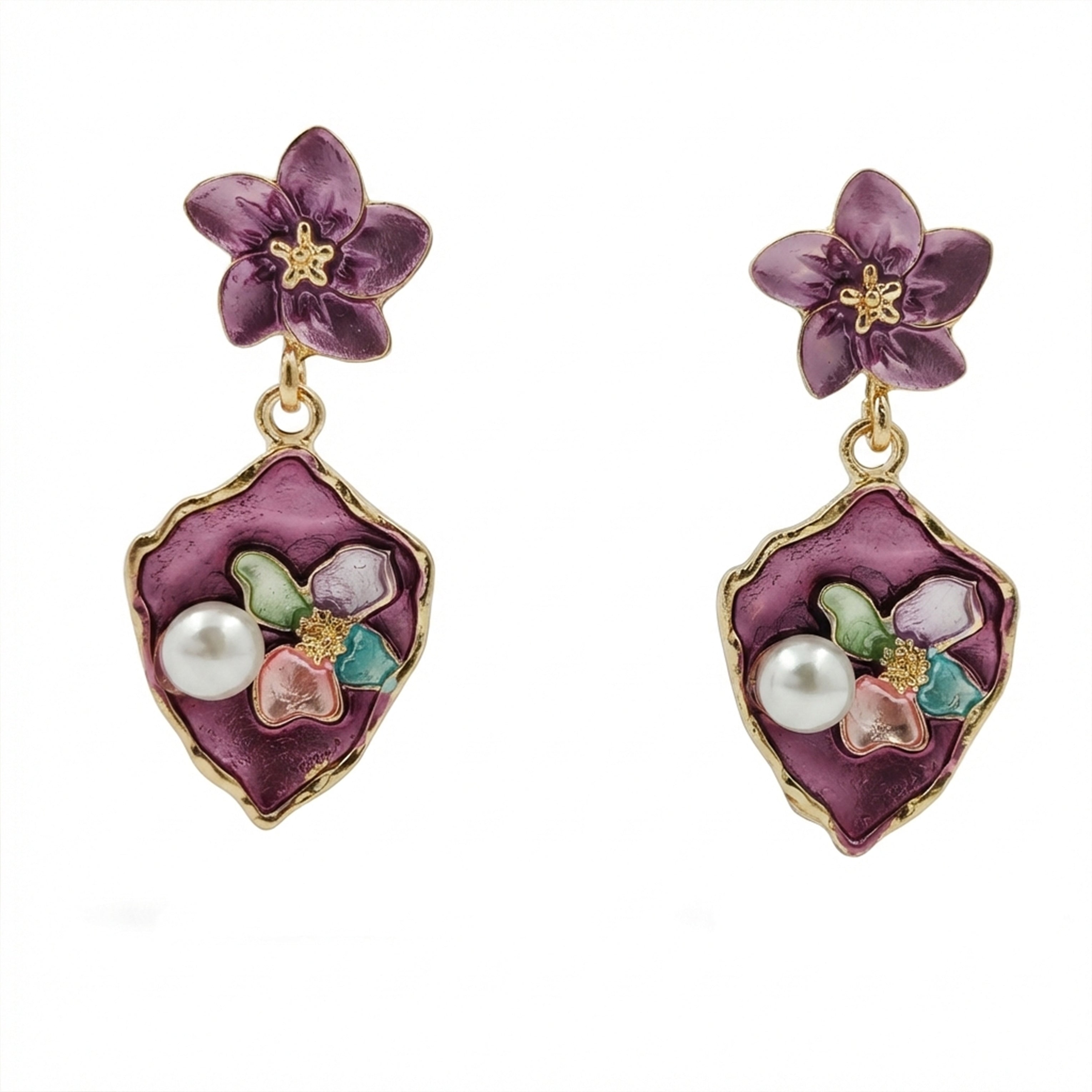 Gold Purple Floral Stud Earrings for women - Finora Jewels