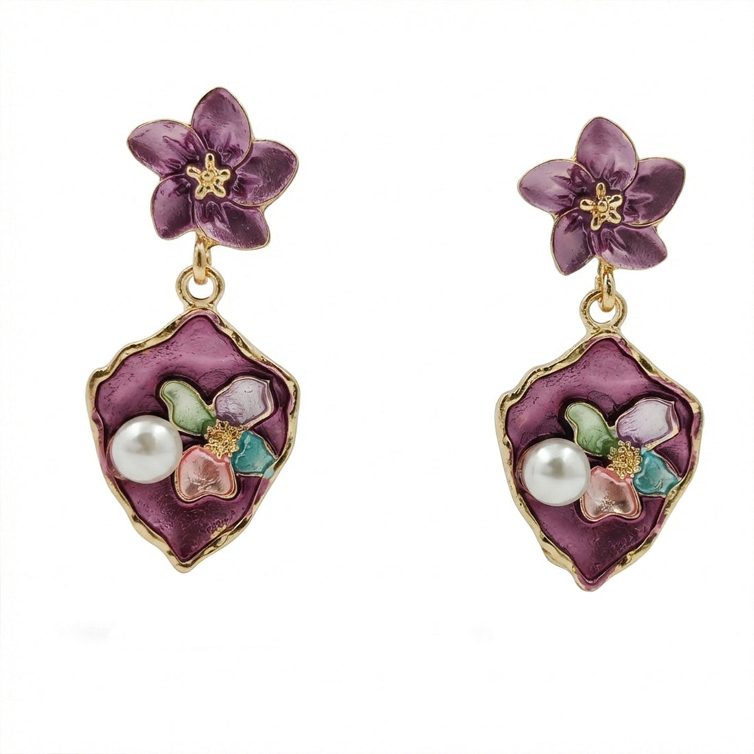 Gold Purple Floral Stud Earrings for women - Finora Jewels