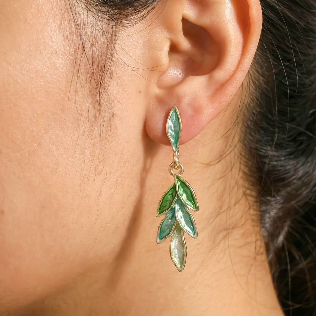 Women Stud Earrings Green Leaf Gold jewellery - Finora Jewels