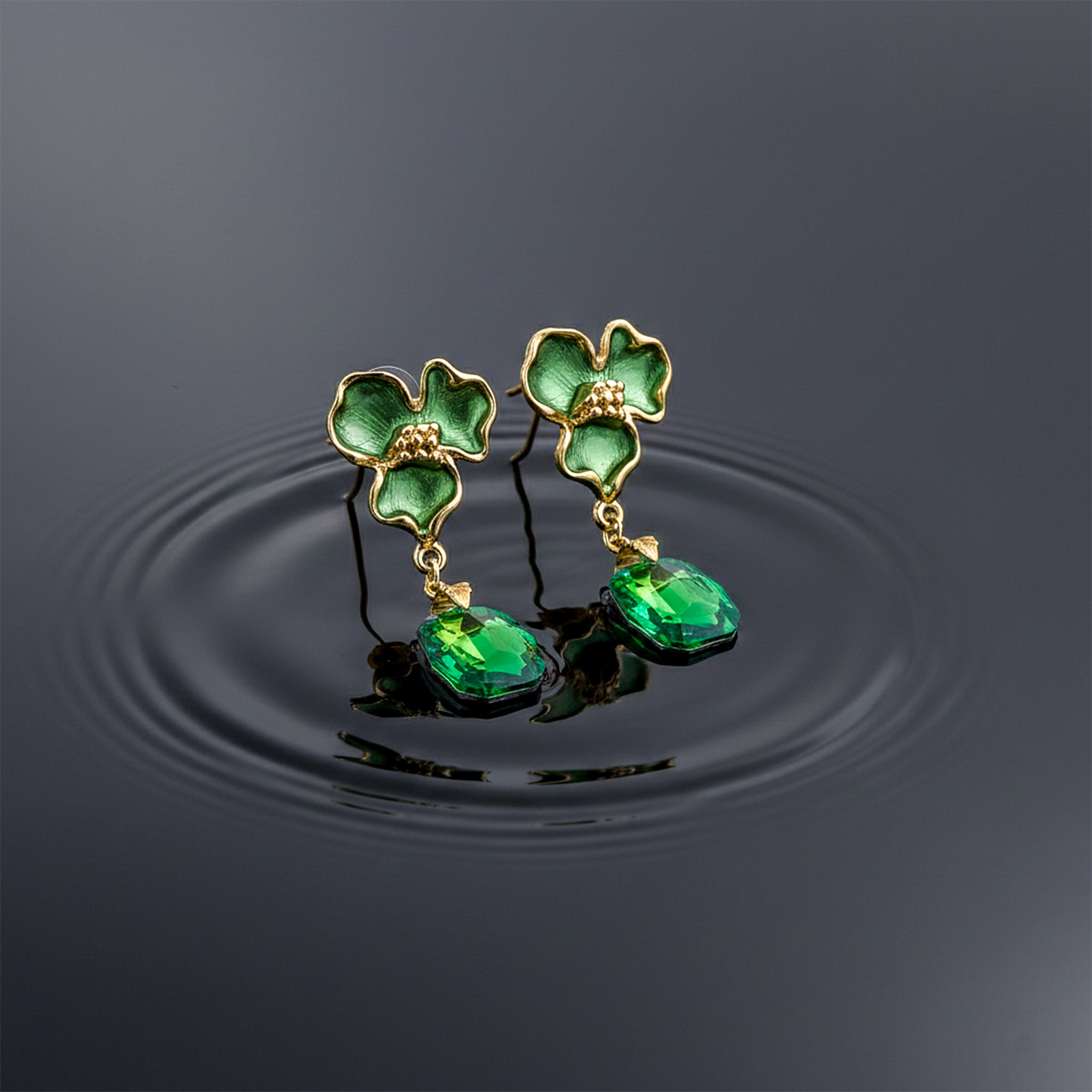 Gold Green Enamel Floral Drop Drop Earrings for women - Finora Jewels