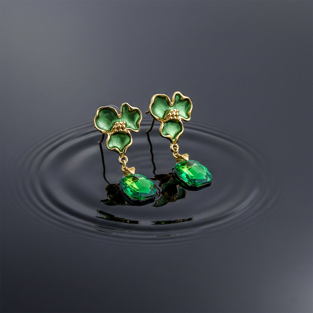 Gold Green Enamel Floral Drop Drop Earrings for women - Finora Jewels