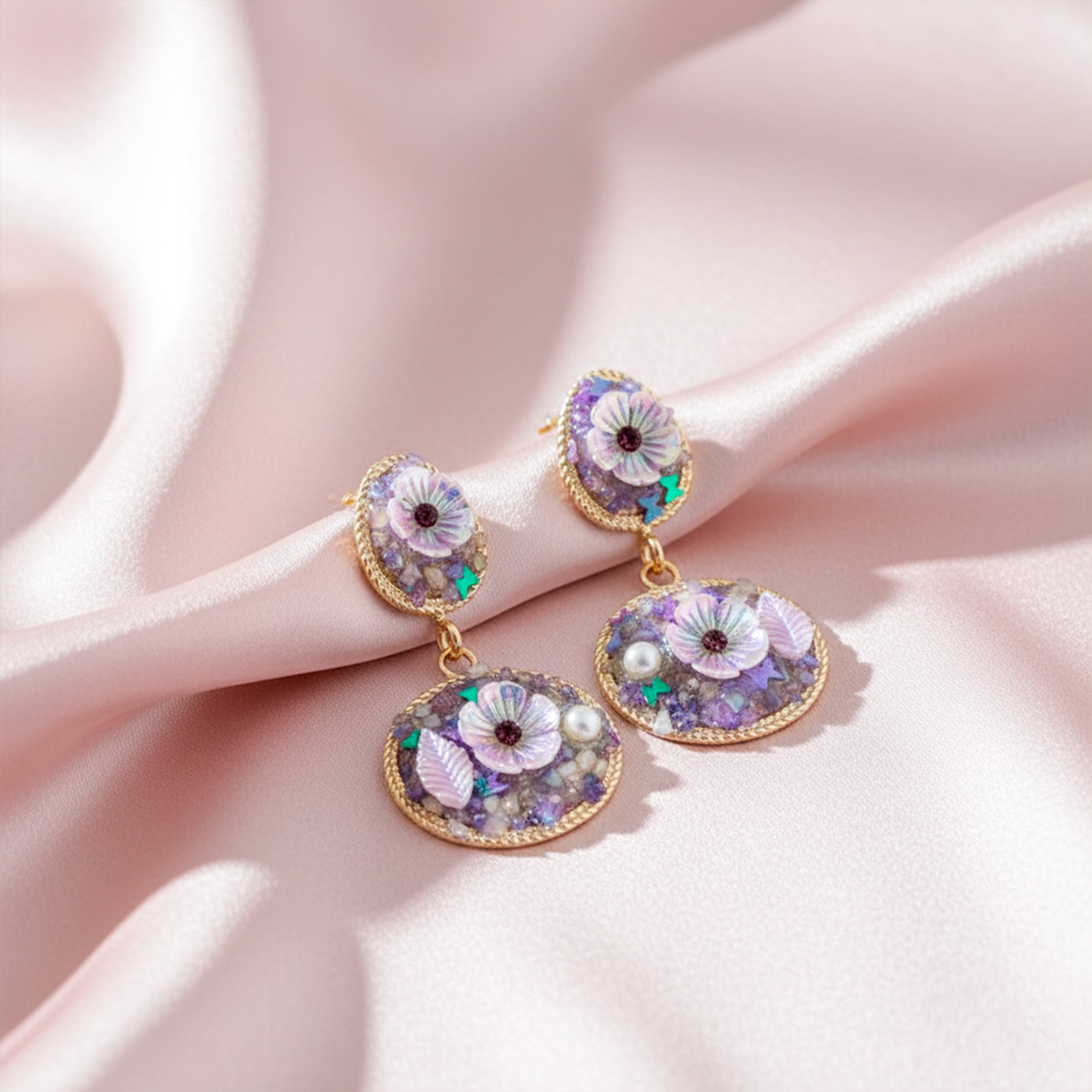 Women Stud Earrings Lavender Floral Stone Drop Gold jewellery - Finora Jewels