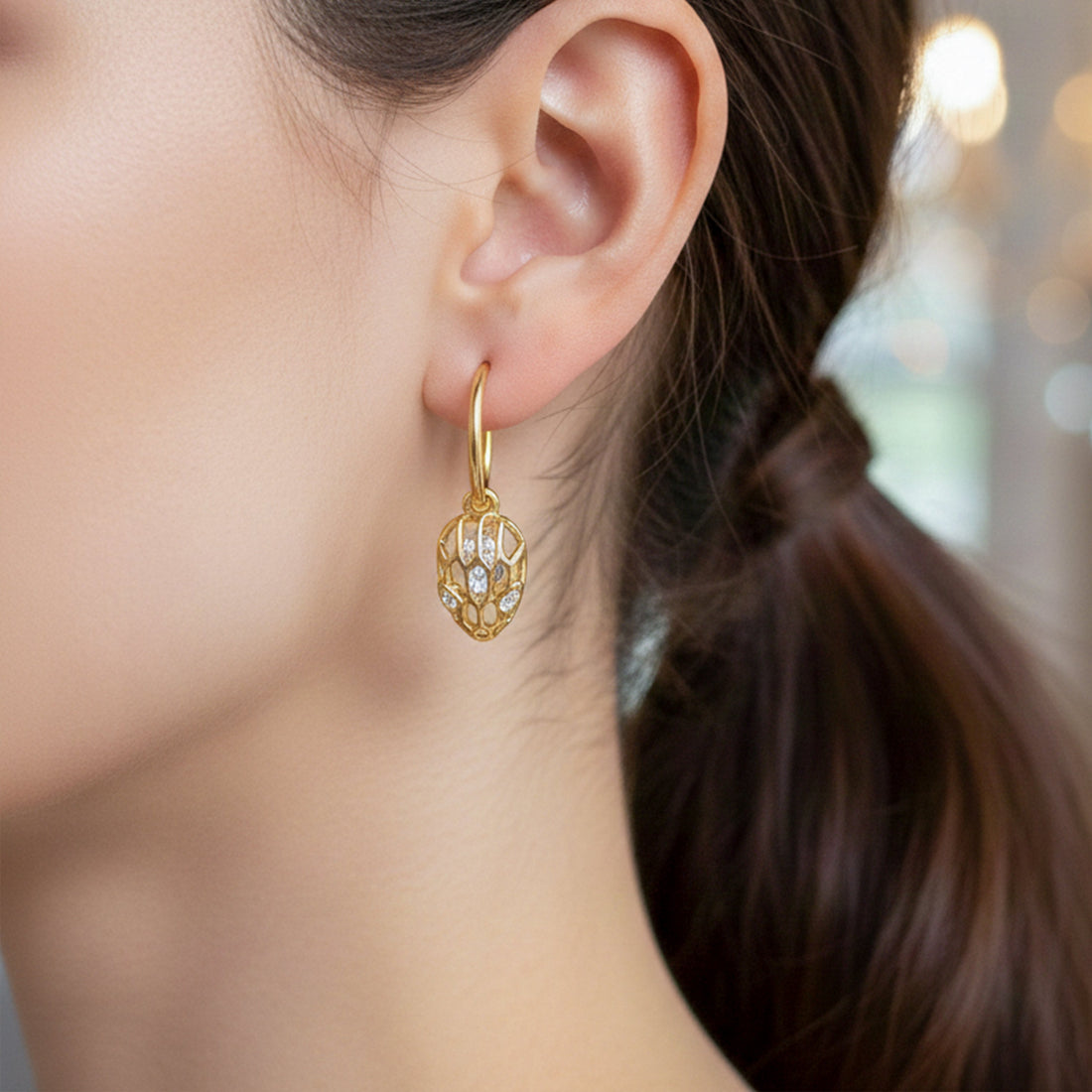 Gold Leaf Crystal Drop Hoop Earrings for women - Finora Jewels