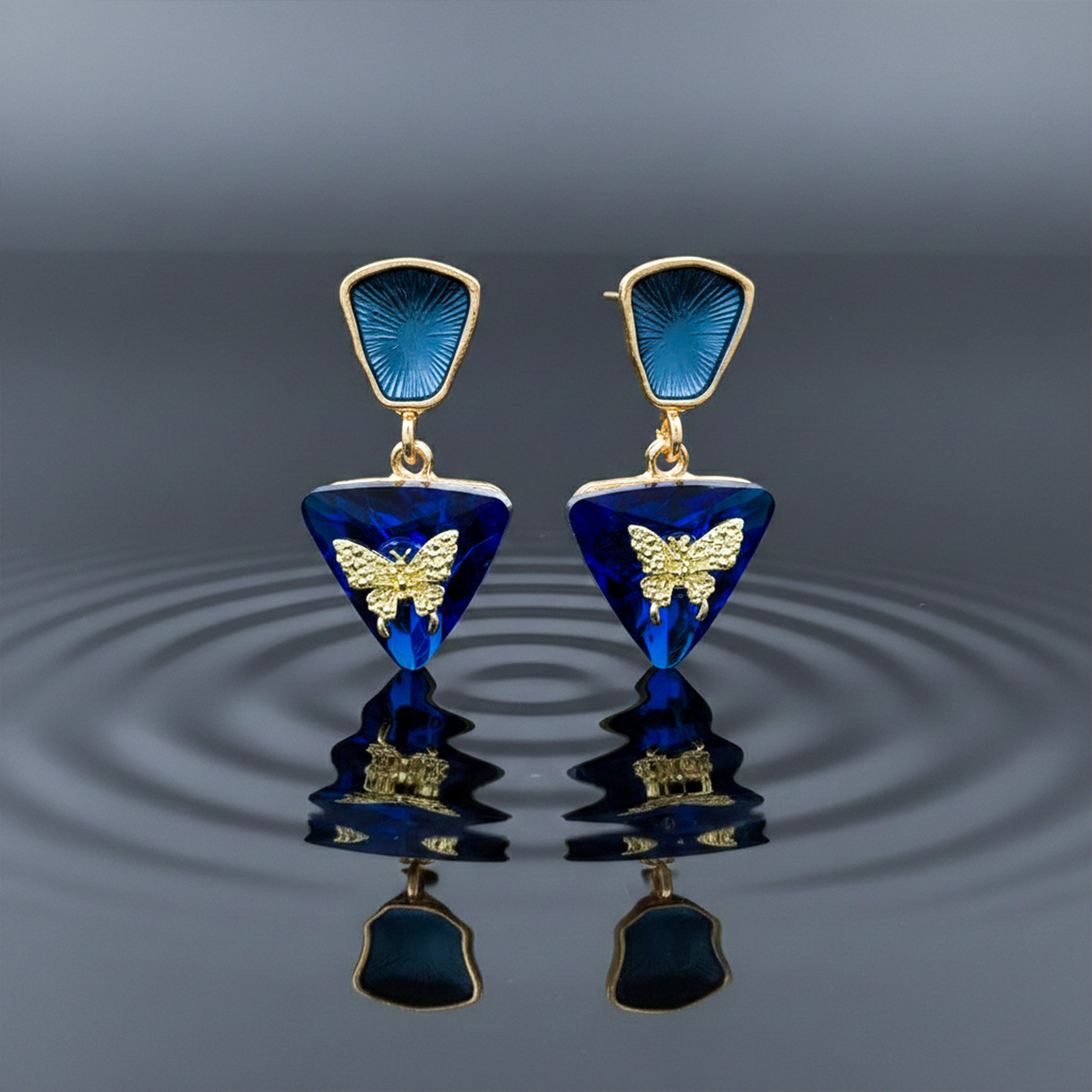 Gold Blue Butterfly Crystal Stud Earrings for women - Finora Jewels