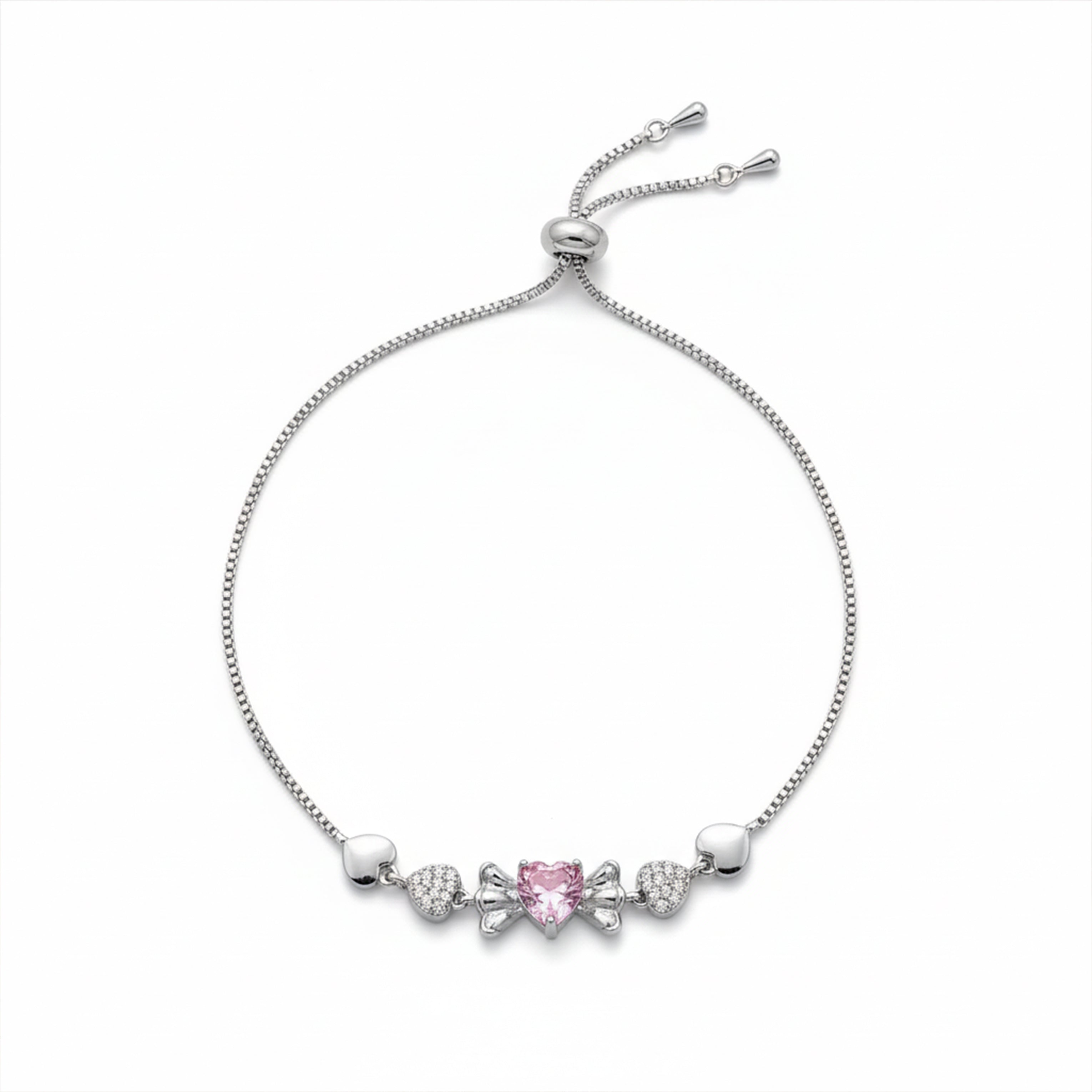 Silver Pink Heart Bow Bracelet for women - Finora Jewels