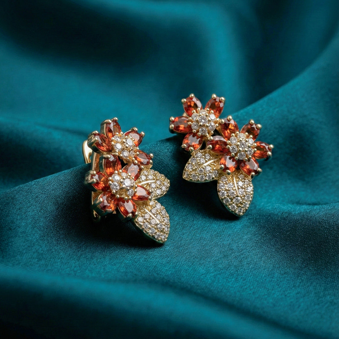 Gold Red Floral Crystal Stud Earrings for women - Finora Jewels