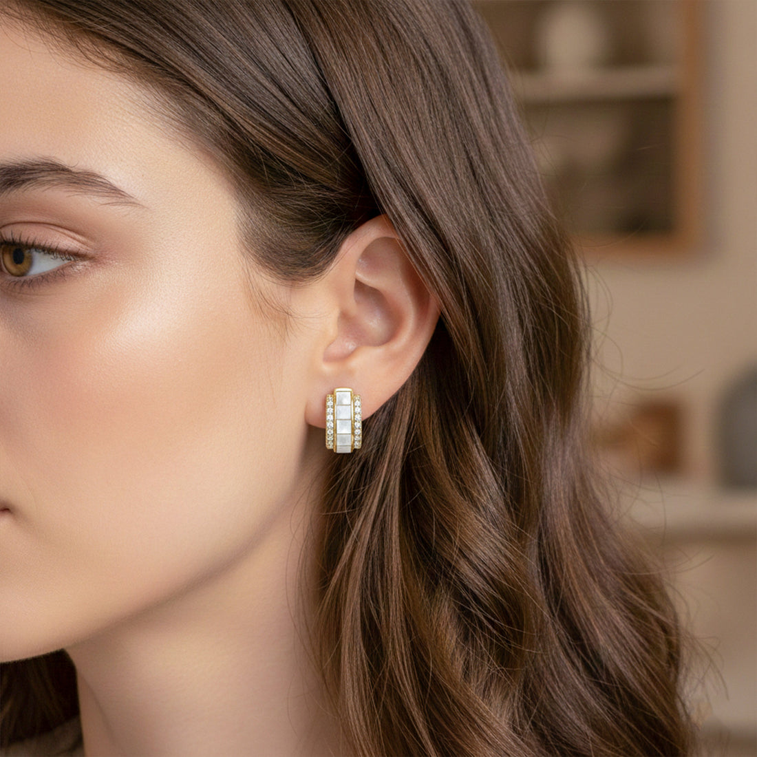 Gold Mother-of-Pearl Crystal Hoop Hoop Earrings for women - Finora Jewels
