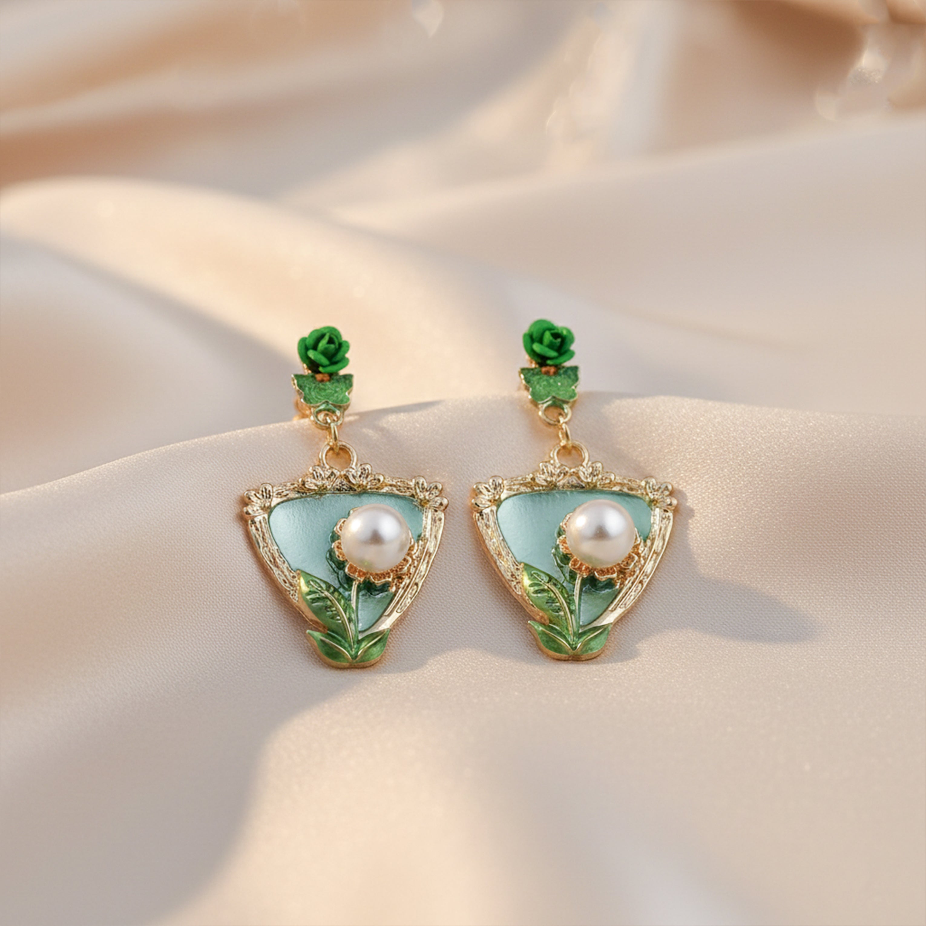 Verde Rosette Moti Dangle Ear Studs GWE -220