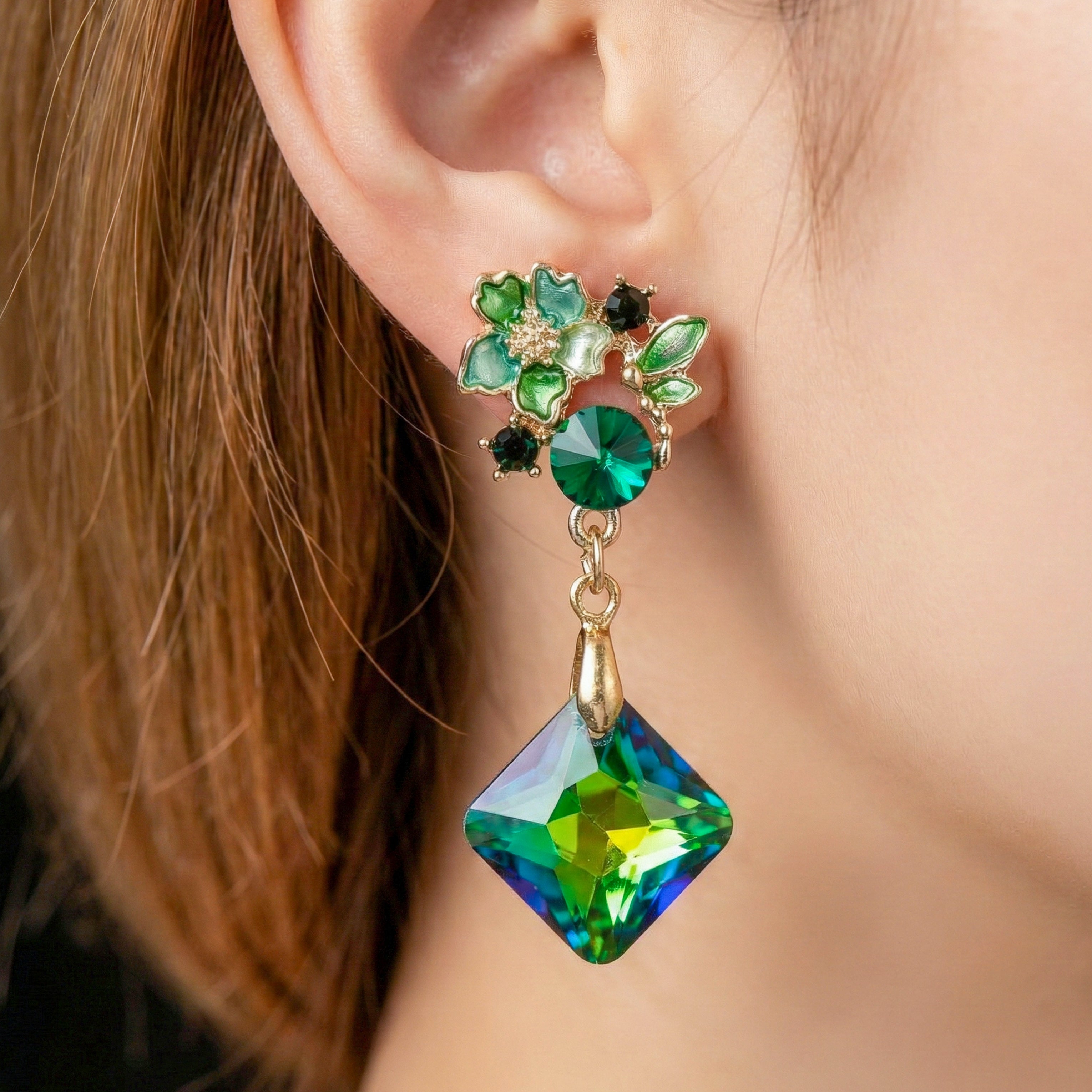Women Stud Earrings Green Floral Gold jewellery - Finora Jewels