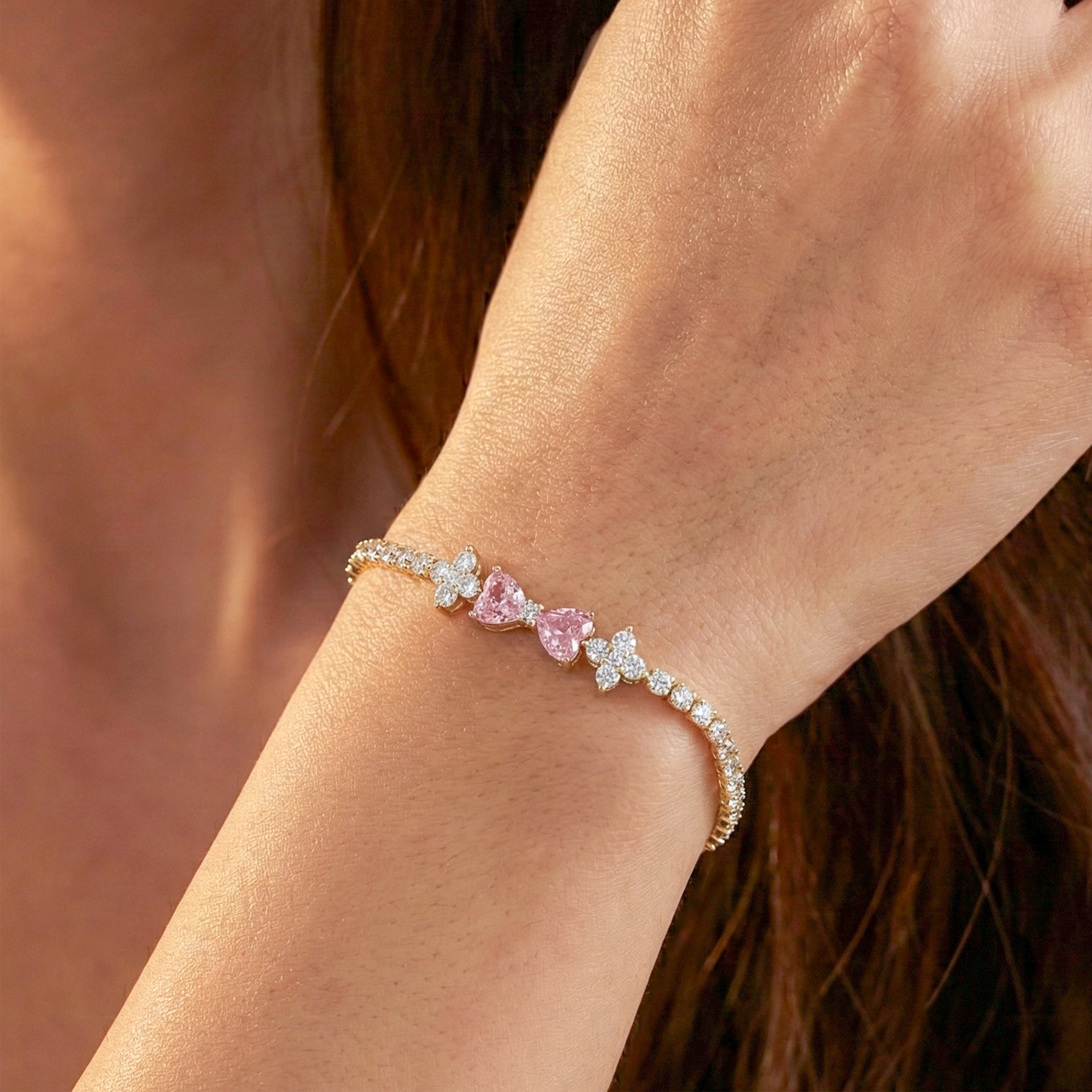 Women Bracelet Pink Heart Crystal Tennis Gold jewellery - Finora Jewels