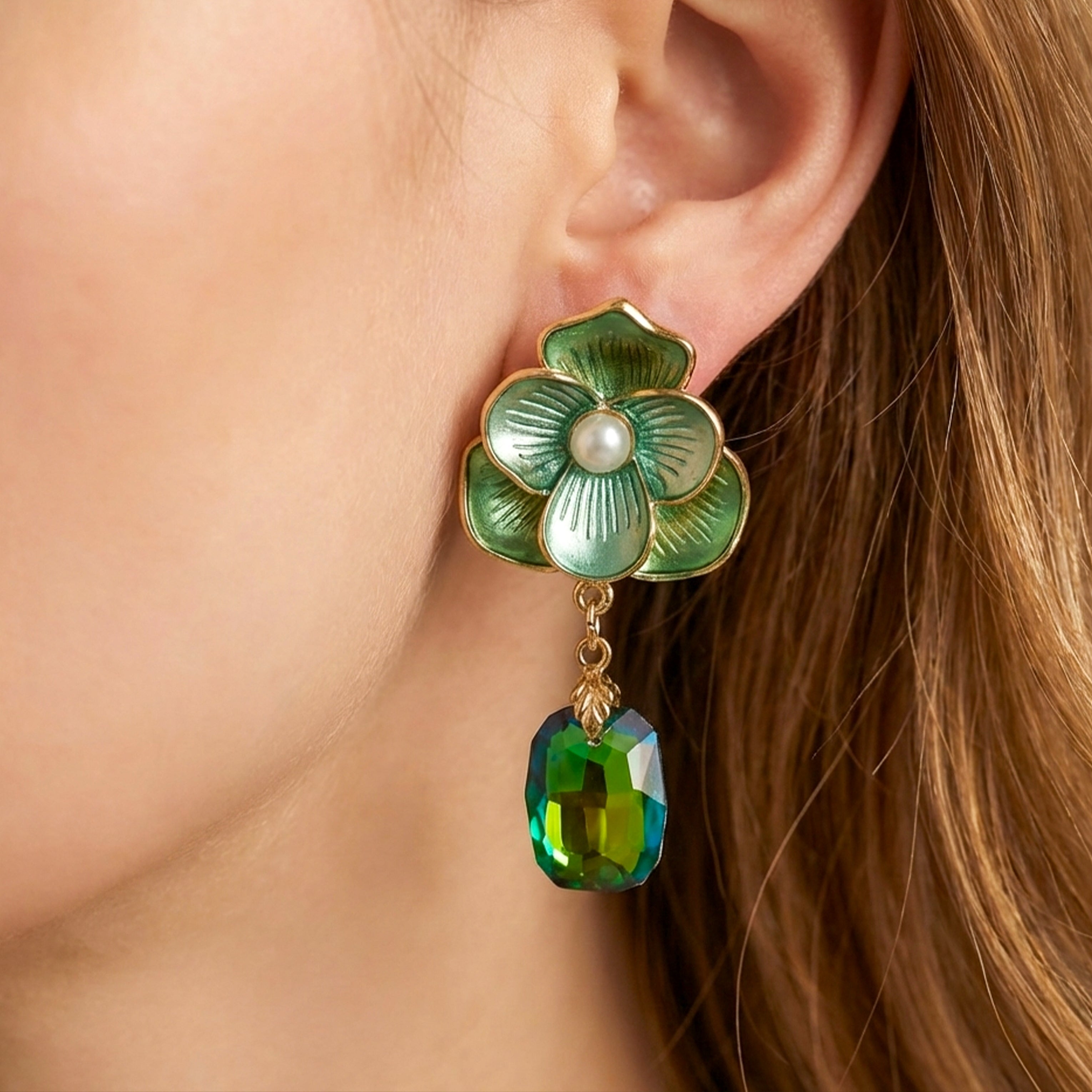 Women Drop Earrings Green Floral GWE -231 No Reviews Gold jewellery - Finora Jewels